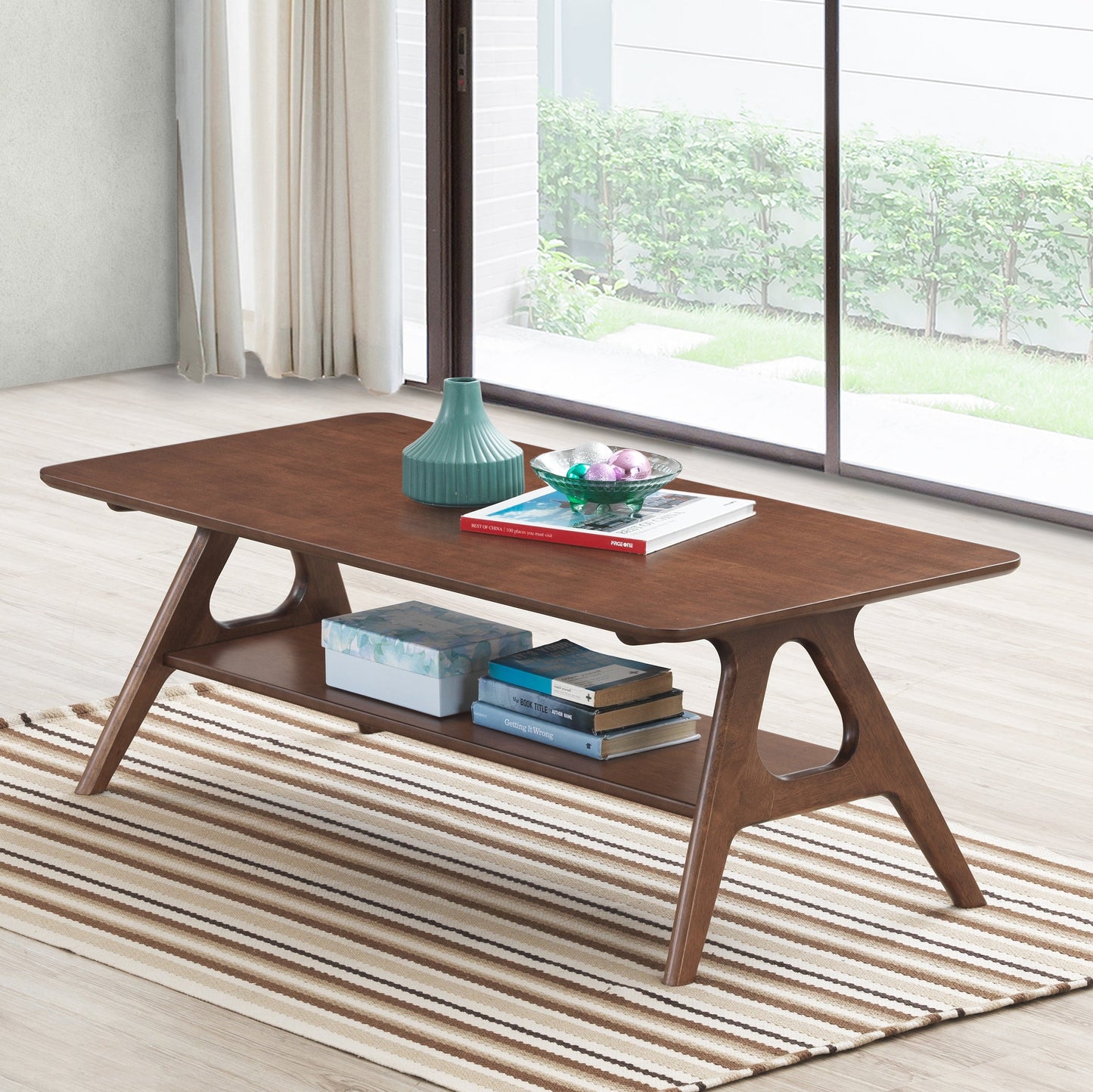 Roundhill Furniture Arona Mid-Century Modern Wood Shelf Coffee Table