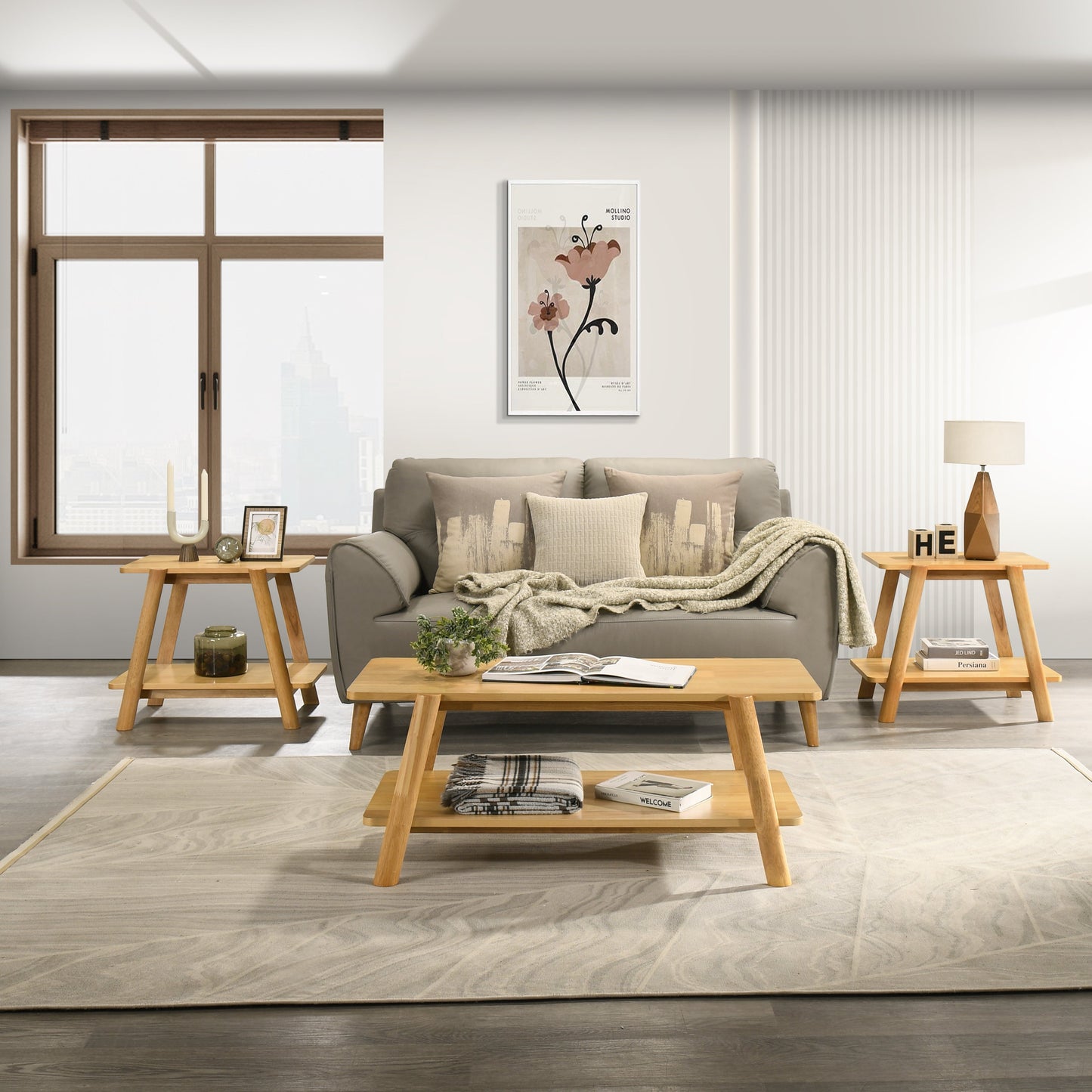 Roundhill Furniture Metz 3-Piece Coffee Table Set, Coffee Table and Two End Tables