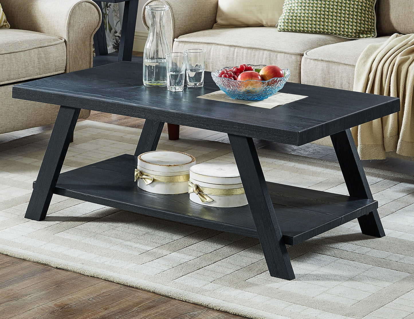 Roundhill Furniture Athens Contemporary Replicated Wood Shelf Coffee Table in Black Finish