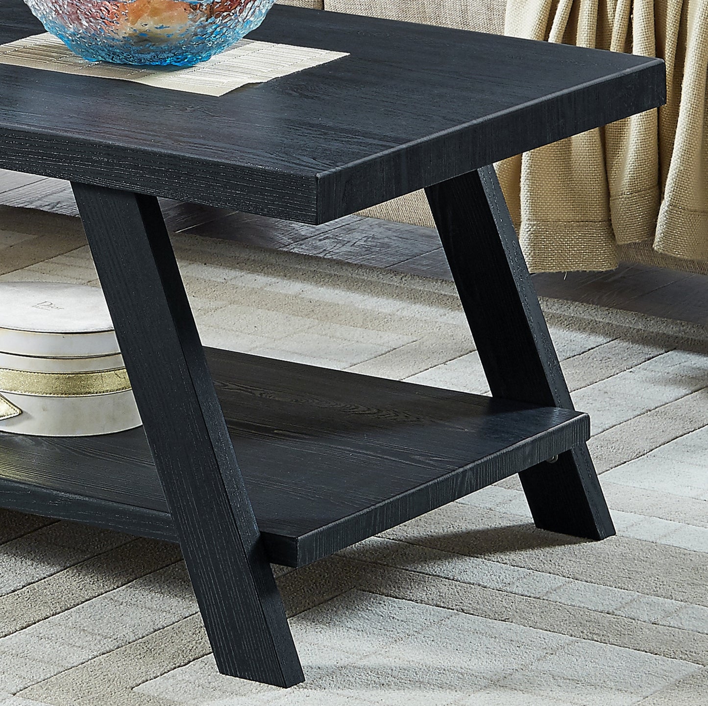 Roundhill Furniture Athens Contemporary Replicated Wood Shelf Coffee Table in Black Finish