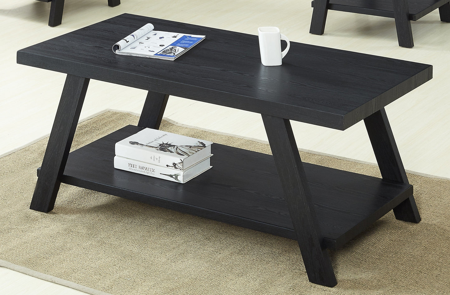 Roundhill Furniture Athens Contemporary Replicated Wood Shelf Coffee Table in Black Finish