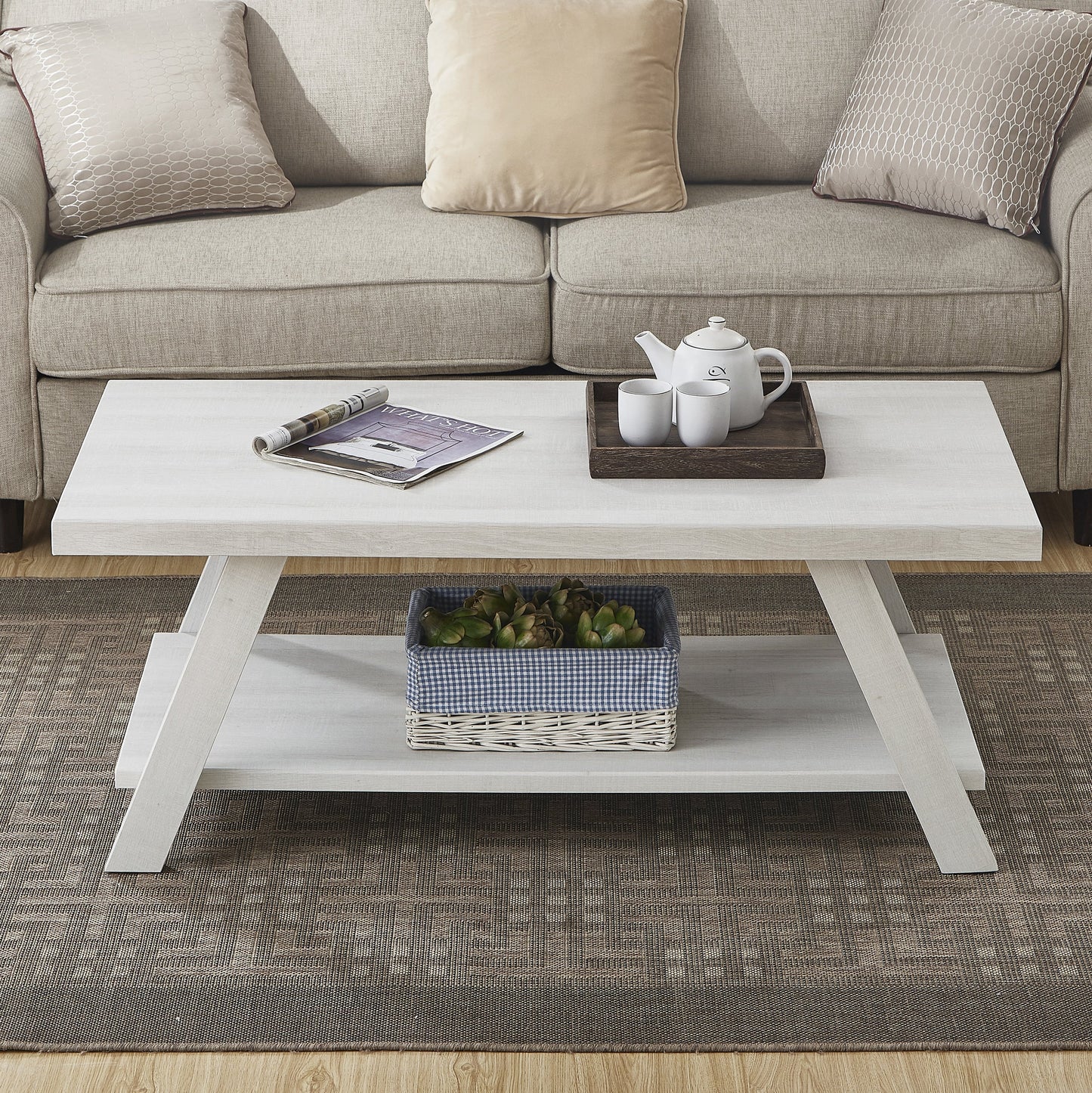 Roundhill Furniture Athens Contemporary Wood Shelf Coffee Table in White Finish