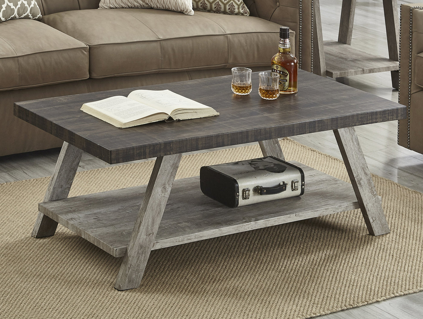 Roundhill Furniture Athens Contemporary Two-Tone Wood Shelf Coffee Table in Weathered Walnut and Gray