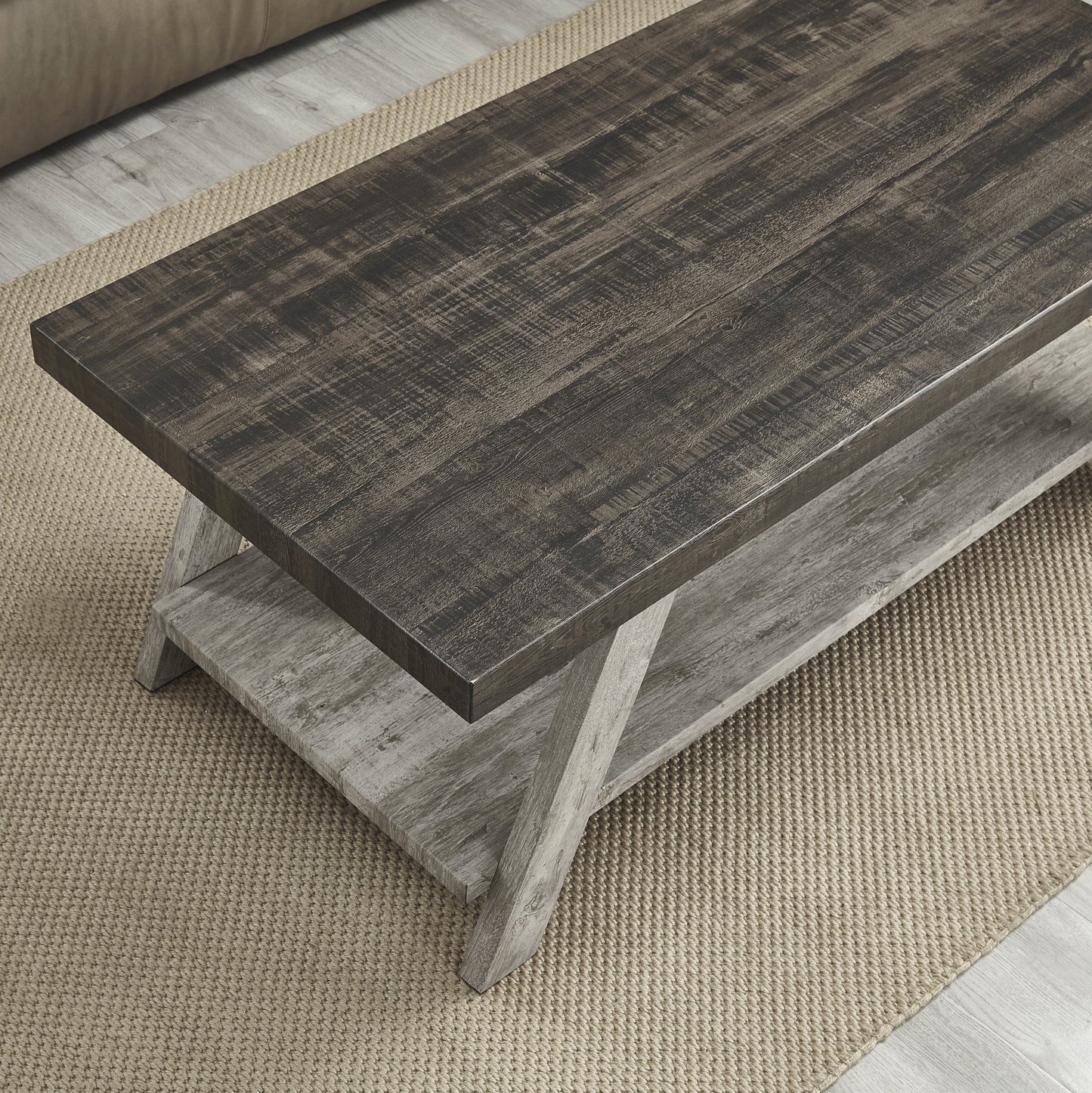 Roundhill Furniture Athens Contemporary Two-Tone Wood Shelf Coffee Table in Weathered Walnut and Gray