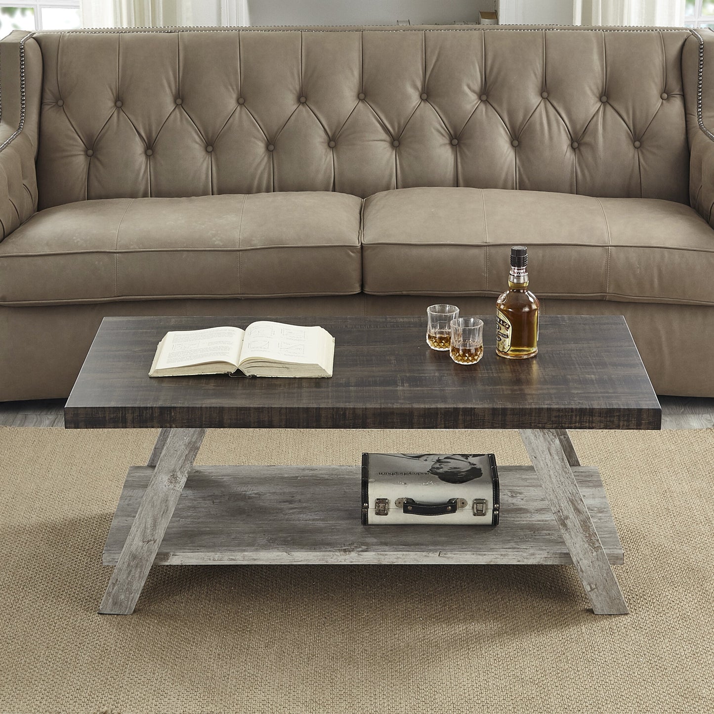 Roundhill Furniture Athens Contemporary Two-Tone Wood Shelf Coffee Table in Weathered Walnut and Gray