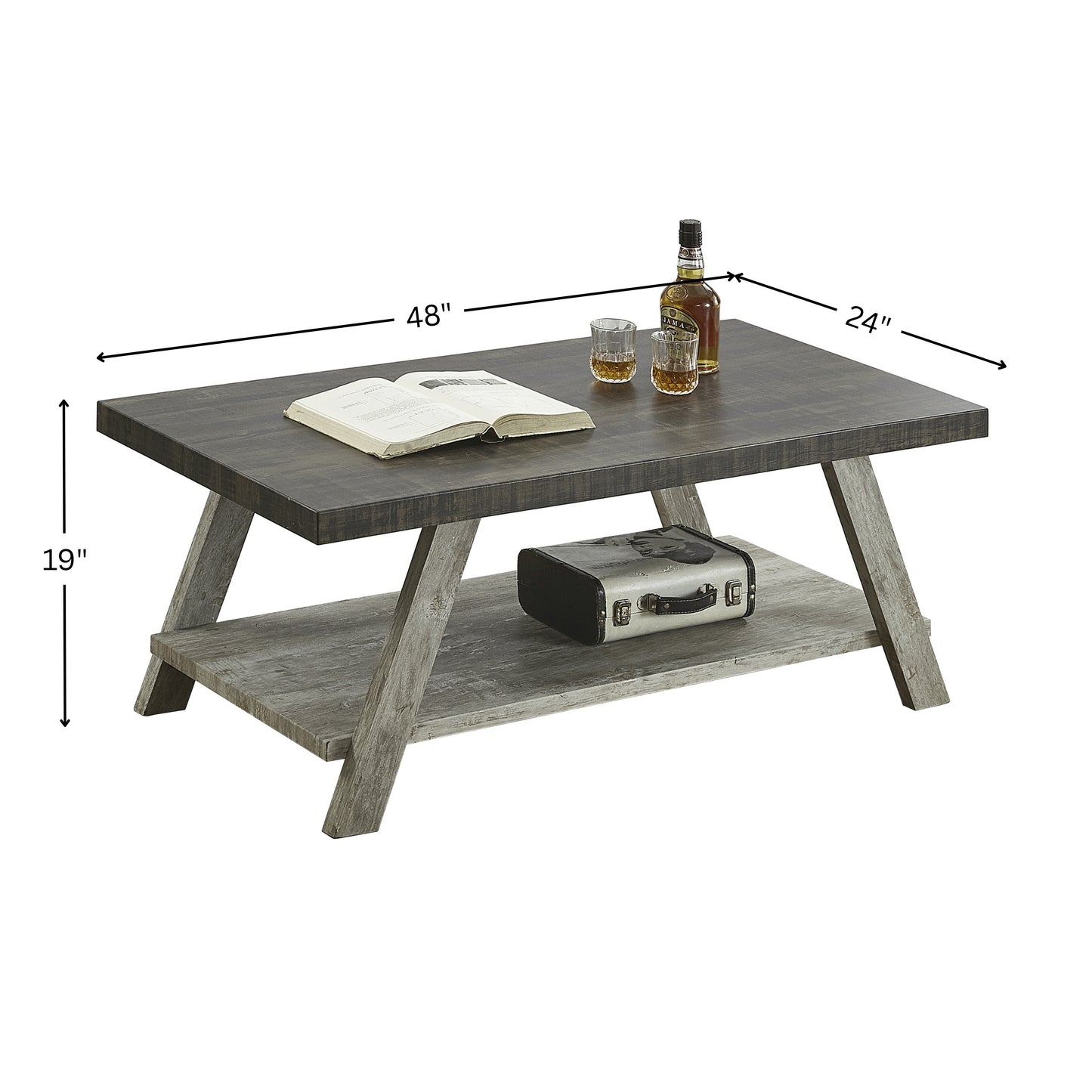 Roundhill Furniture Athens Contemporary Two-Tone Wood Shelf Coffee Table in Weathered Walnut and Gray