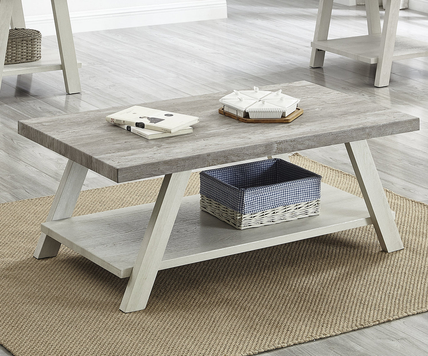 Roundhill Furniture Athens Contemporary Two-Tone Wood Shelf Coffee Table in Weathered Gray and Beige