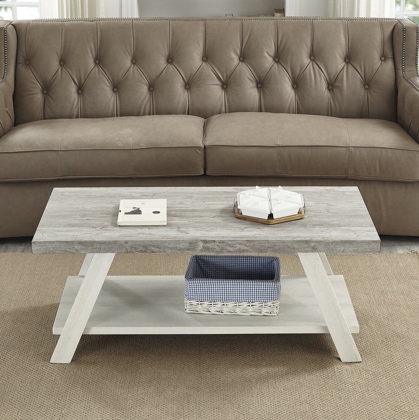 Roundhill Furniture Athens Contemporary Two-Tone Wood Shelf Coffee Table in Weathered Gray and Beige