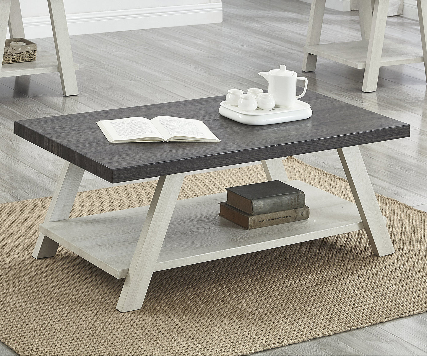 Roundhill Furniture Athens Contemporary Two-Tone Wood Shelf Coffee Table in Weathered Charcoal and Beige