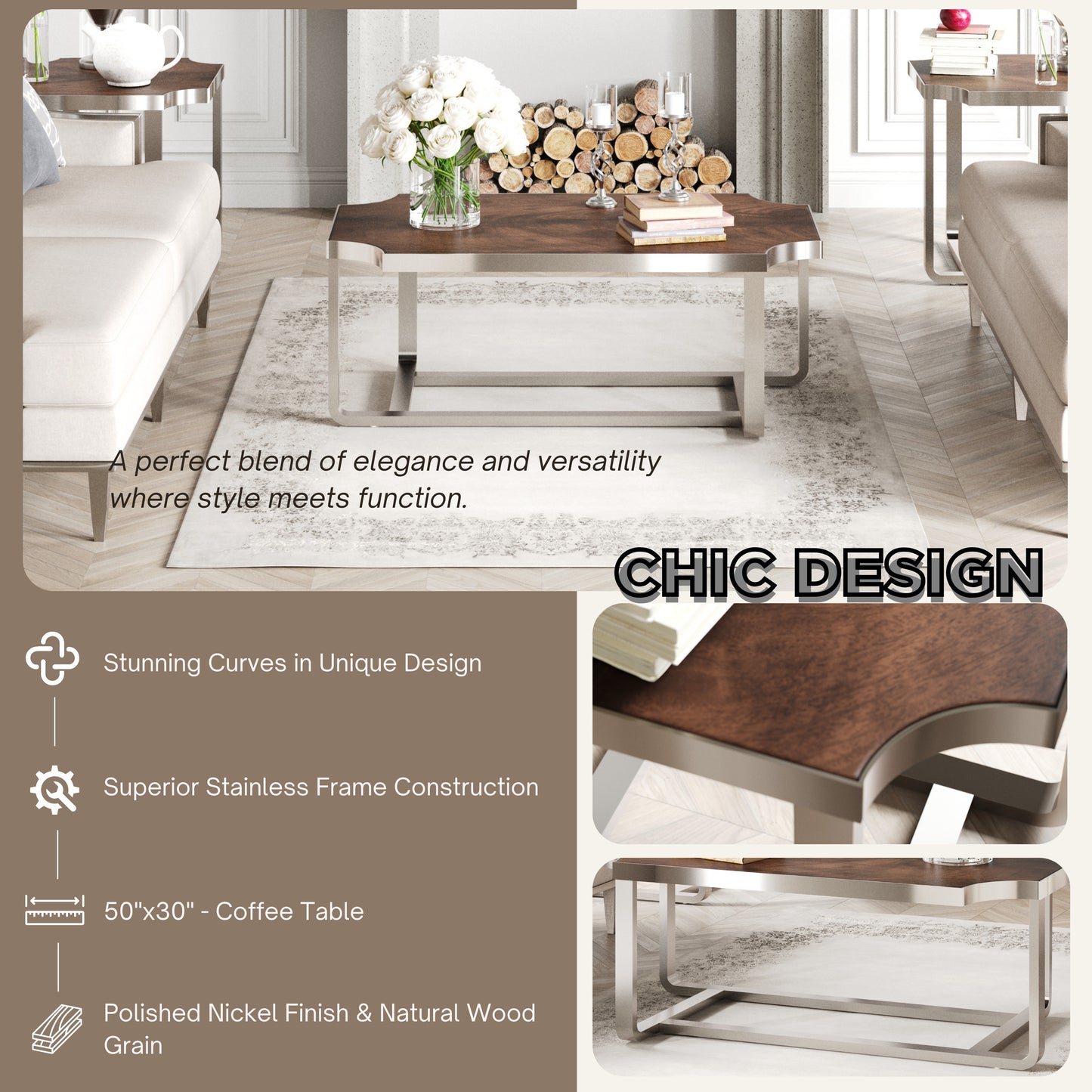 Roundhill Furniture Ruffin 50"x30" Rectangular Cocktail Table, Coffee Table, Brown