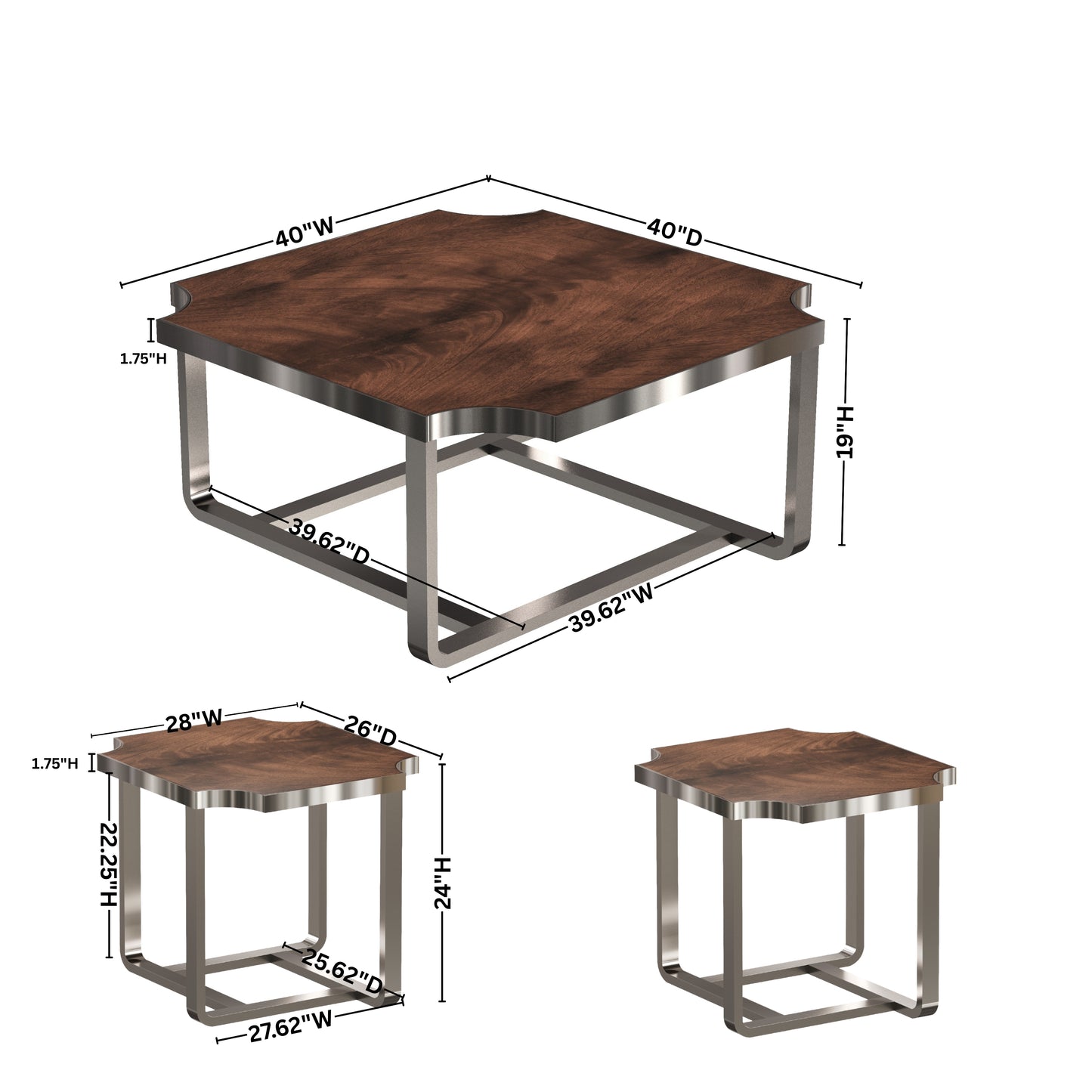 Roundhill Furniture Ruffin 3-Piece Square Coffee Table Set, 40"x40" Coffee Table and Two End Table