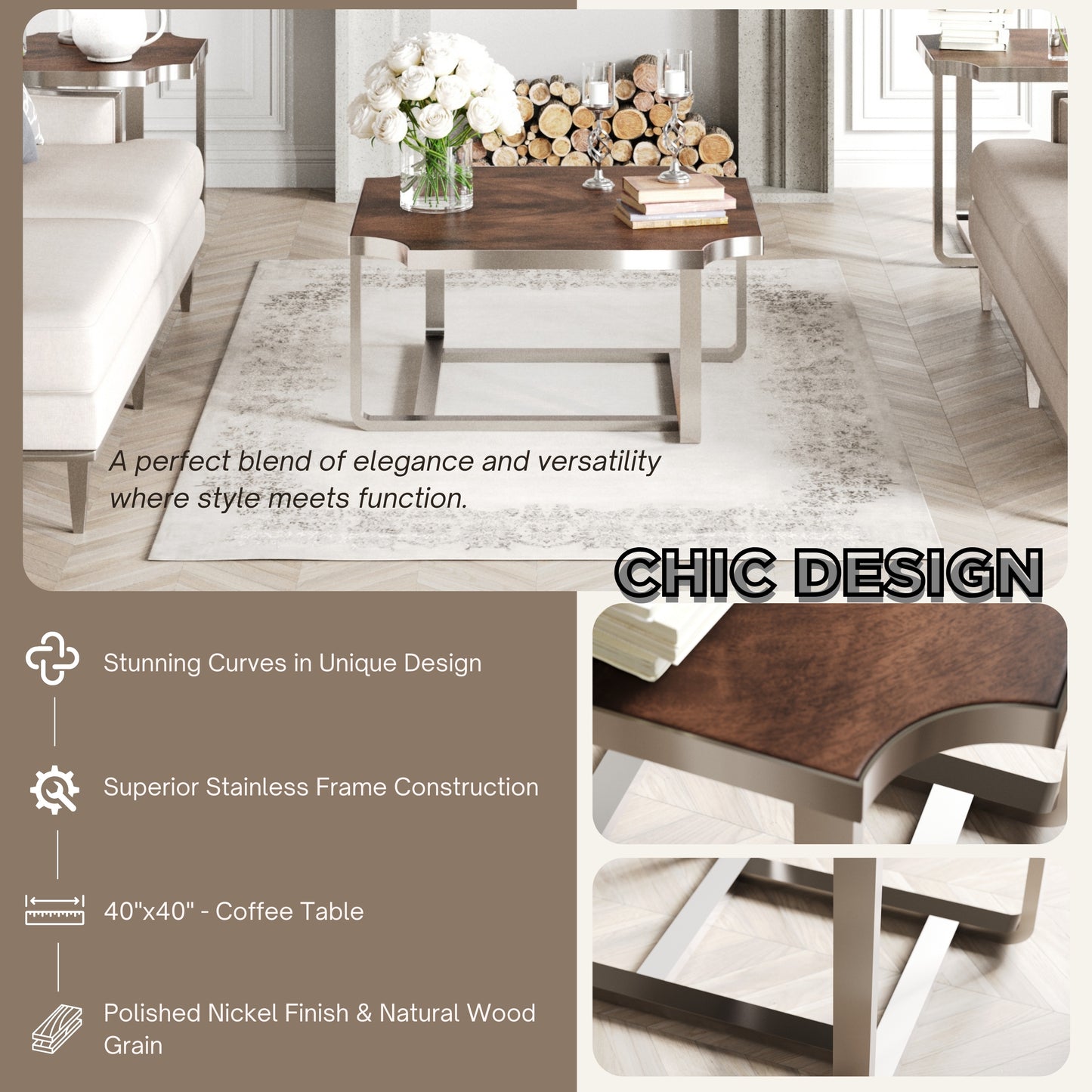 Roundhill Furniture Ruffin 40"x40" Square Cocktail Table, Coffee Table, Brown