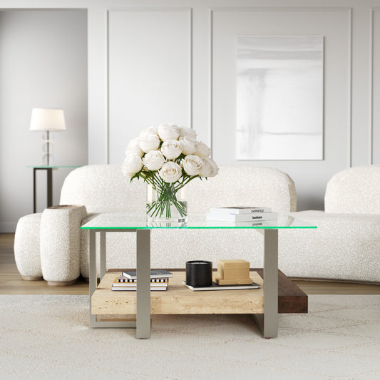 Roundhill Furniture Andes Glass Square Coffee Table with  Marble Shelf, Polished Nickel Finish