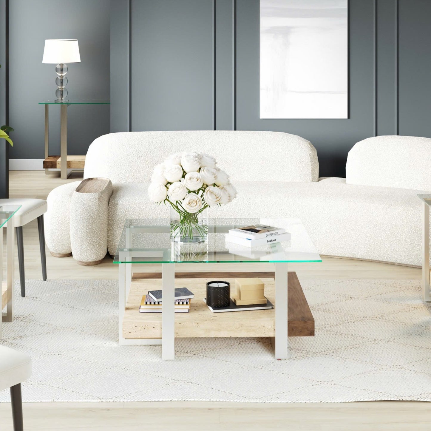 Roundhill Furniture Andes Glass Square Coffee Table with  Marble Shelf, Polished Nickel Finish