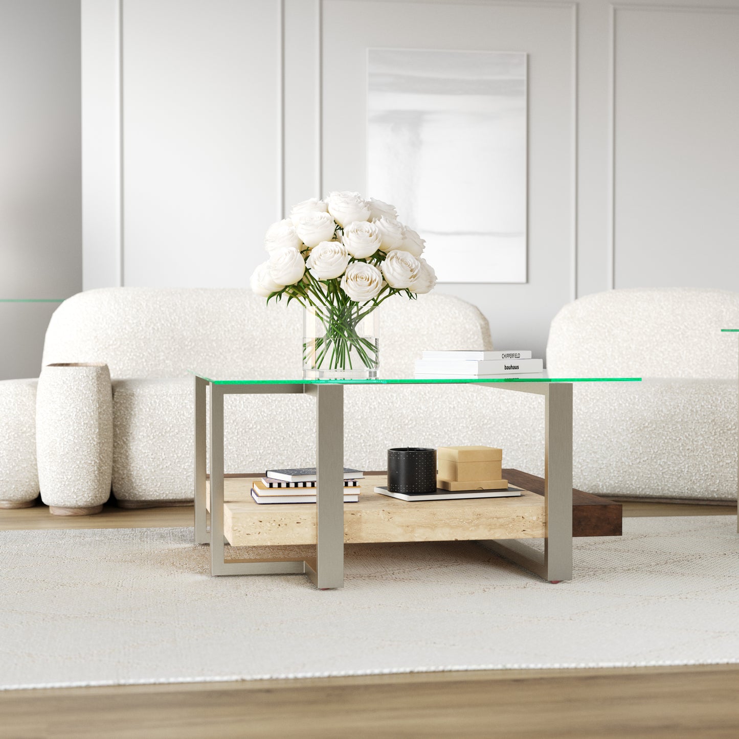 Roundhill Furniture Andes Glass Square Coffee Table with  Marble Shelf, Polished Nickel Finish