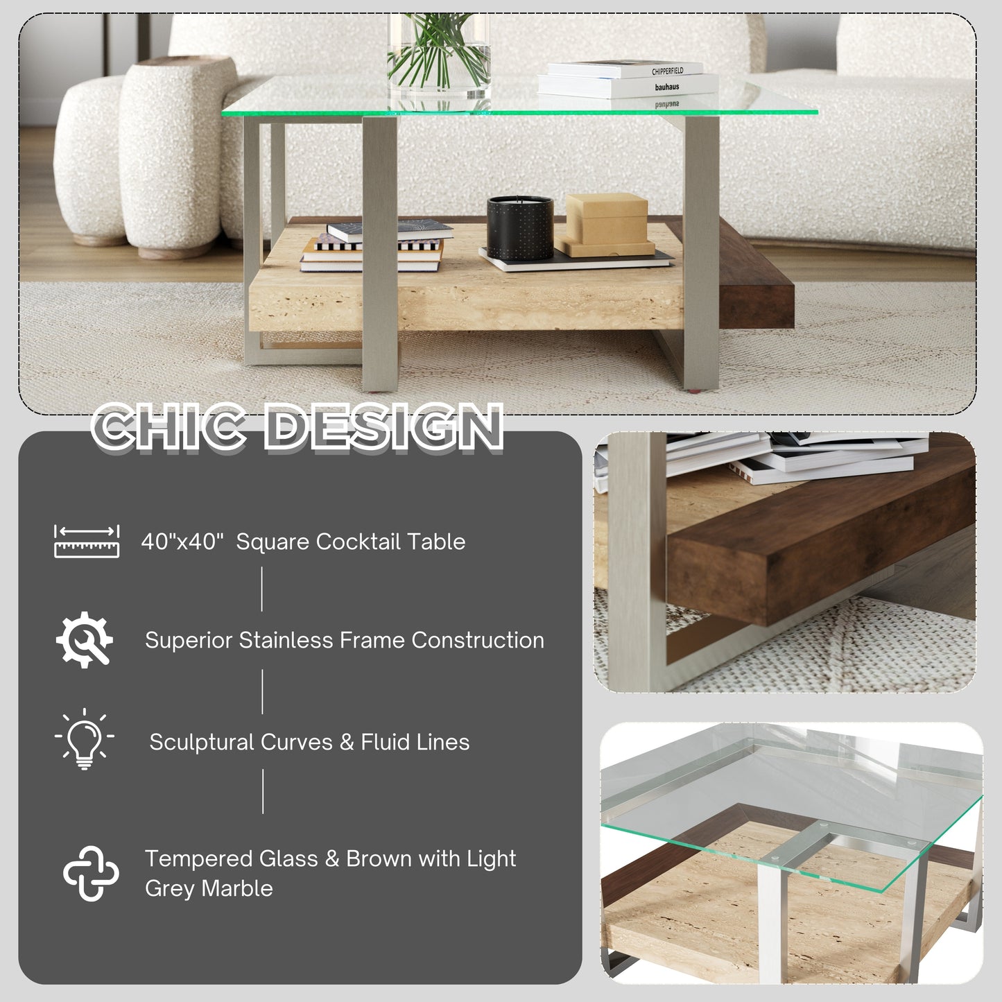 Roundhill Furniture Andes Glass Square Coffee Table with  Marble Shelf, Polished Nickel Finish