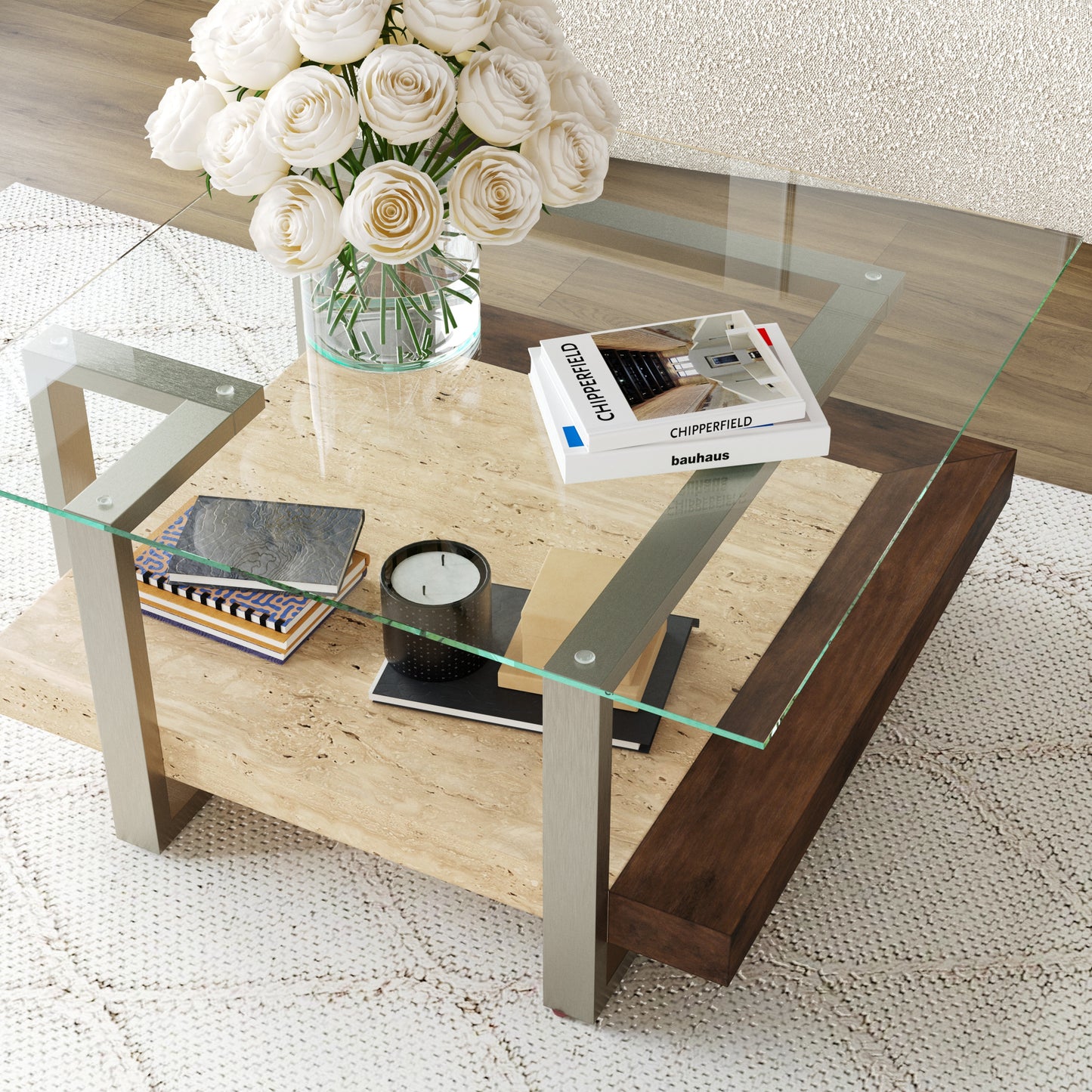Roundhill Furniture Andes Glass Square Coffee Table with  Marble Shelf, Polished Nickel Finish