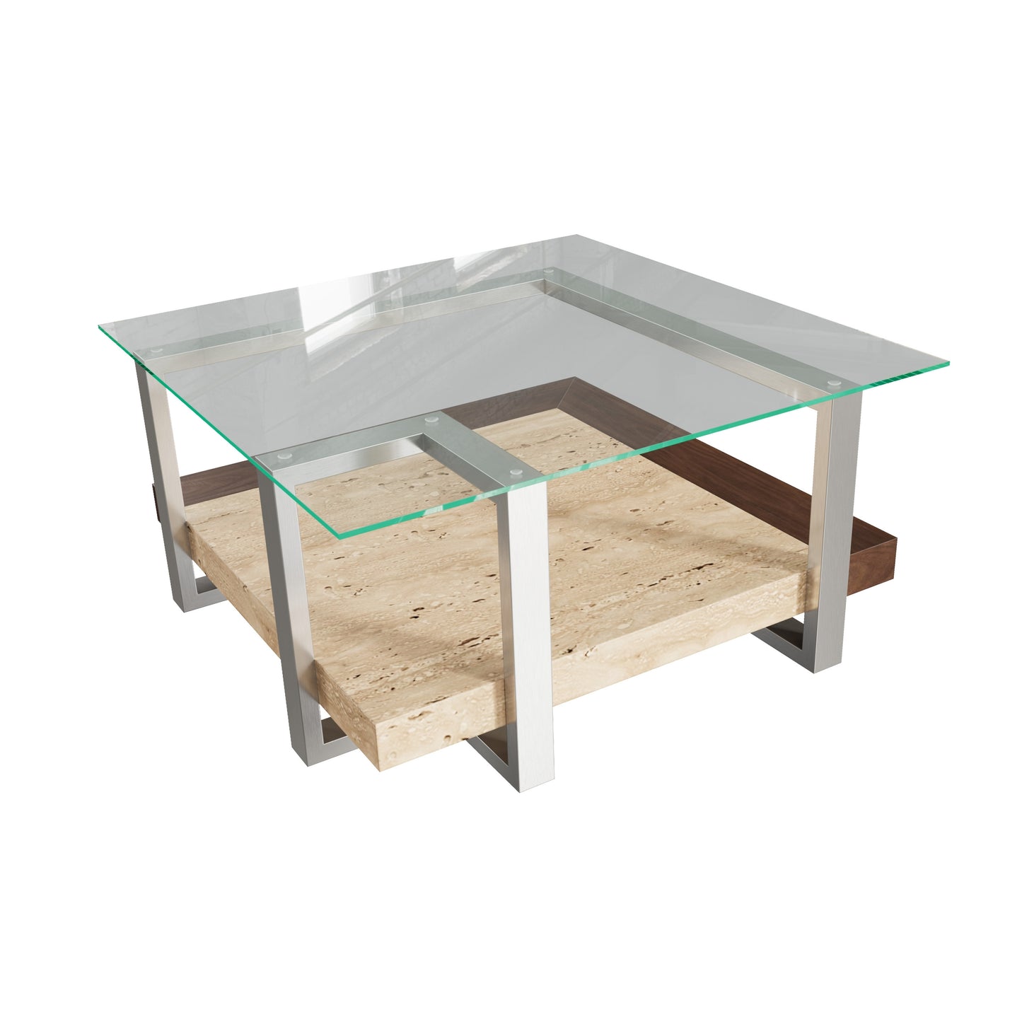 Roundhill Furniture Andes Glass Square Coffee Table with  Marble Shelf, Polished Nickel Finish