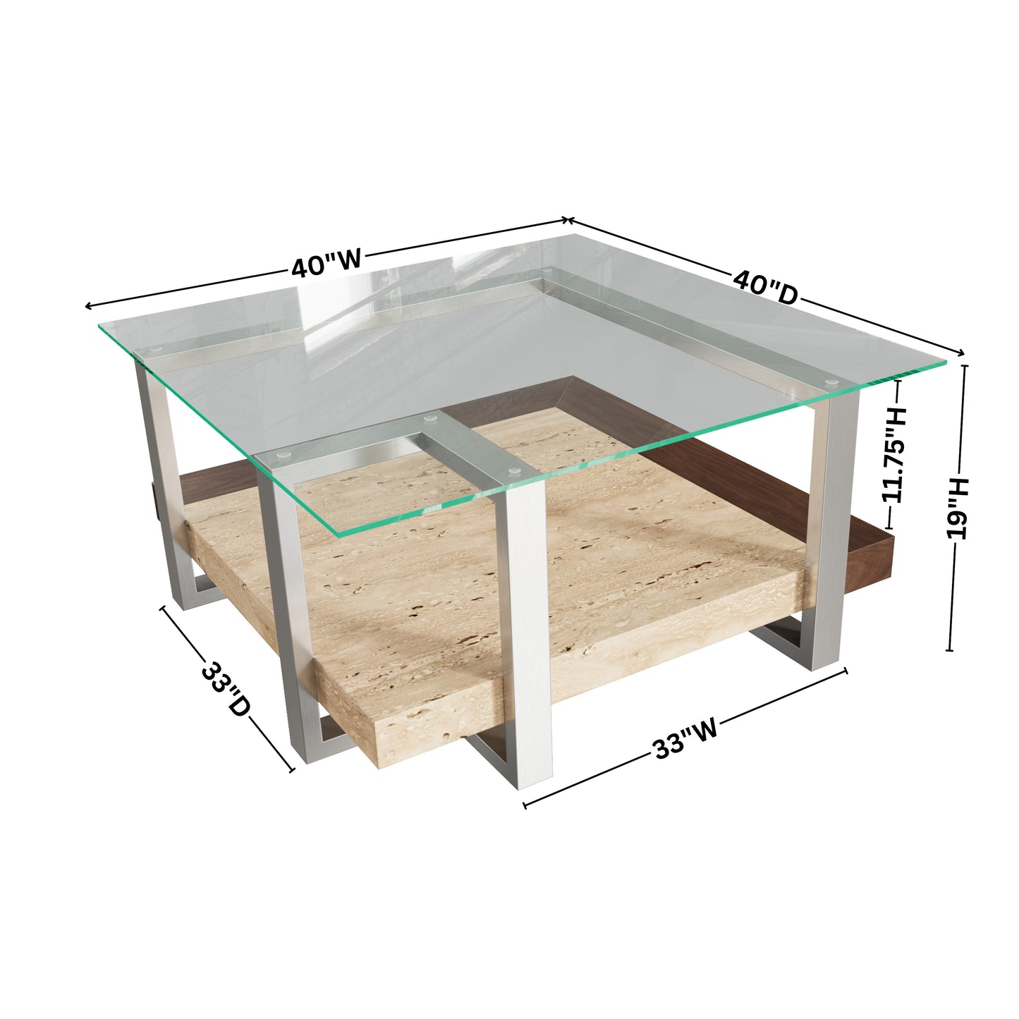 Roundhill Furniture Andes Glass Square Coffee Table with  Marble Shelf, Polished Nickel Finish