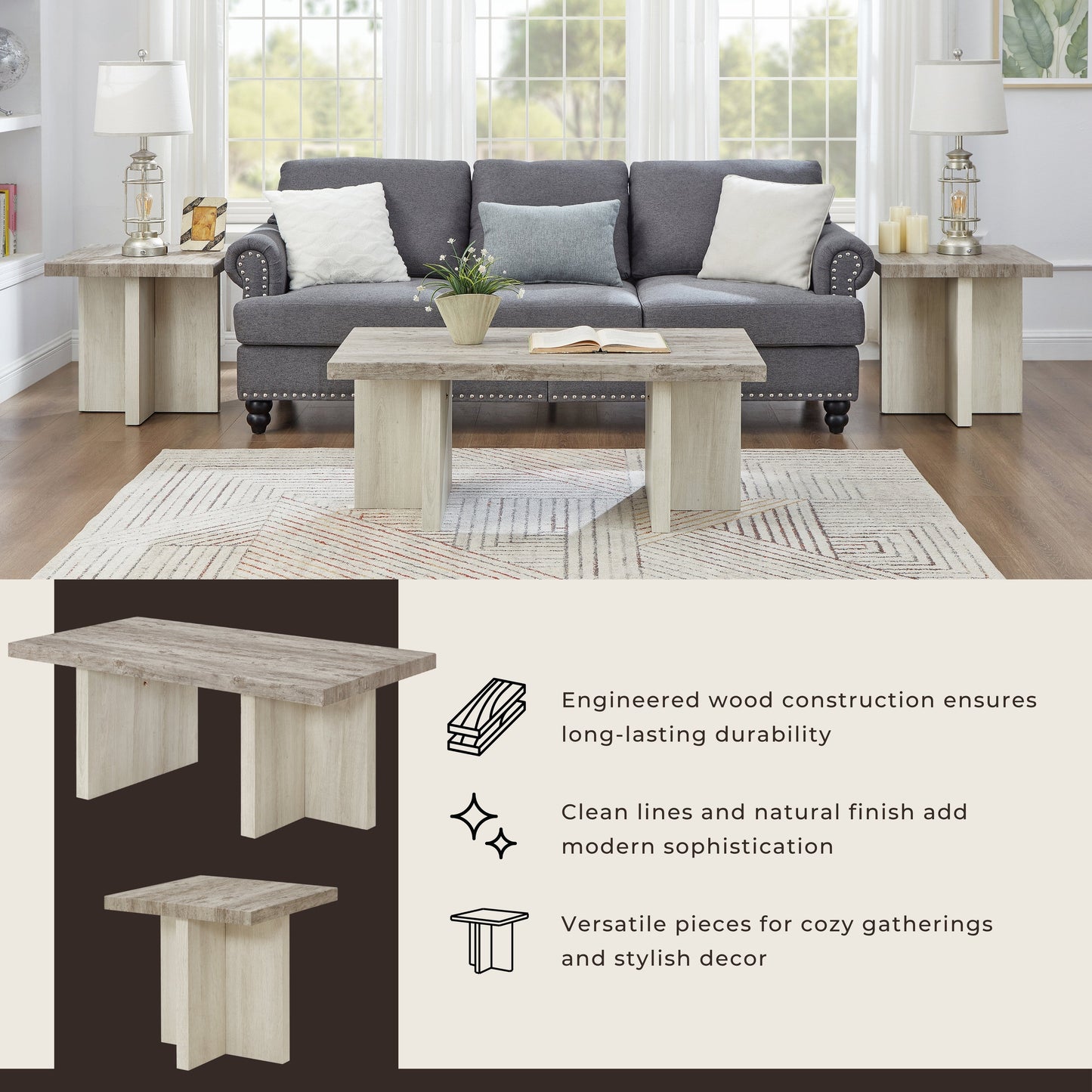 Roundhill Furniture Mchome 3-Piece Coffee Table Set, Coffee Table and Two End Tables