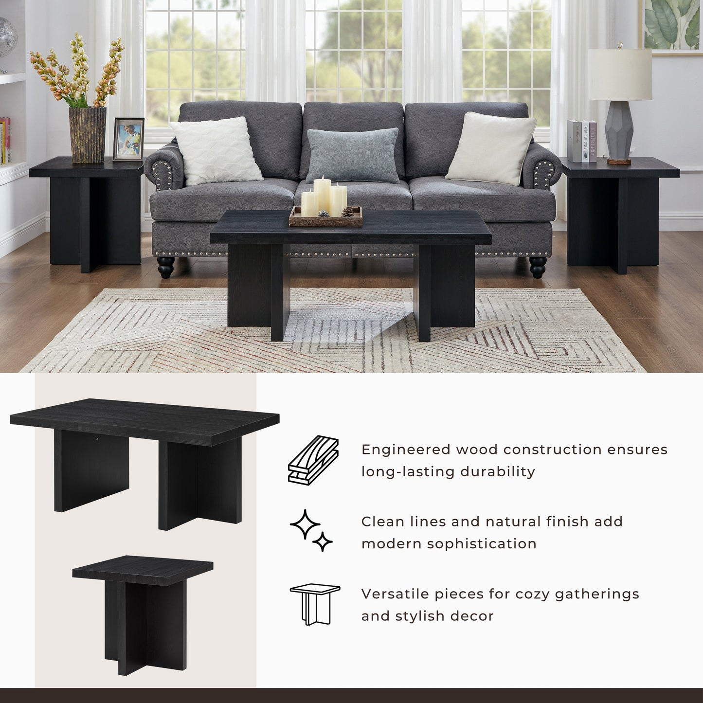 Roundhill Furniture Mchome 3-Piece Coffee Table Set, Coffee Table and Two End Tables