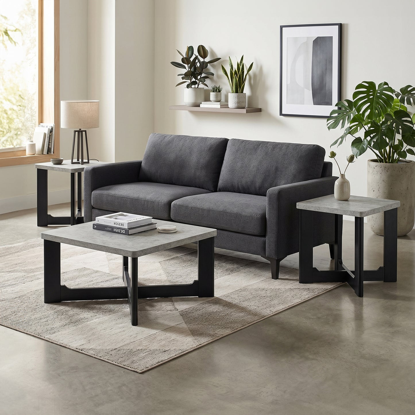 Roundhill Furniture Levitus Modern 3-Piece Square Coffee Table Set, Faux Concrete Tabletop with Black Wood Grain Finish