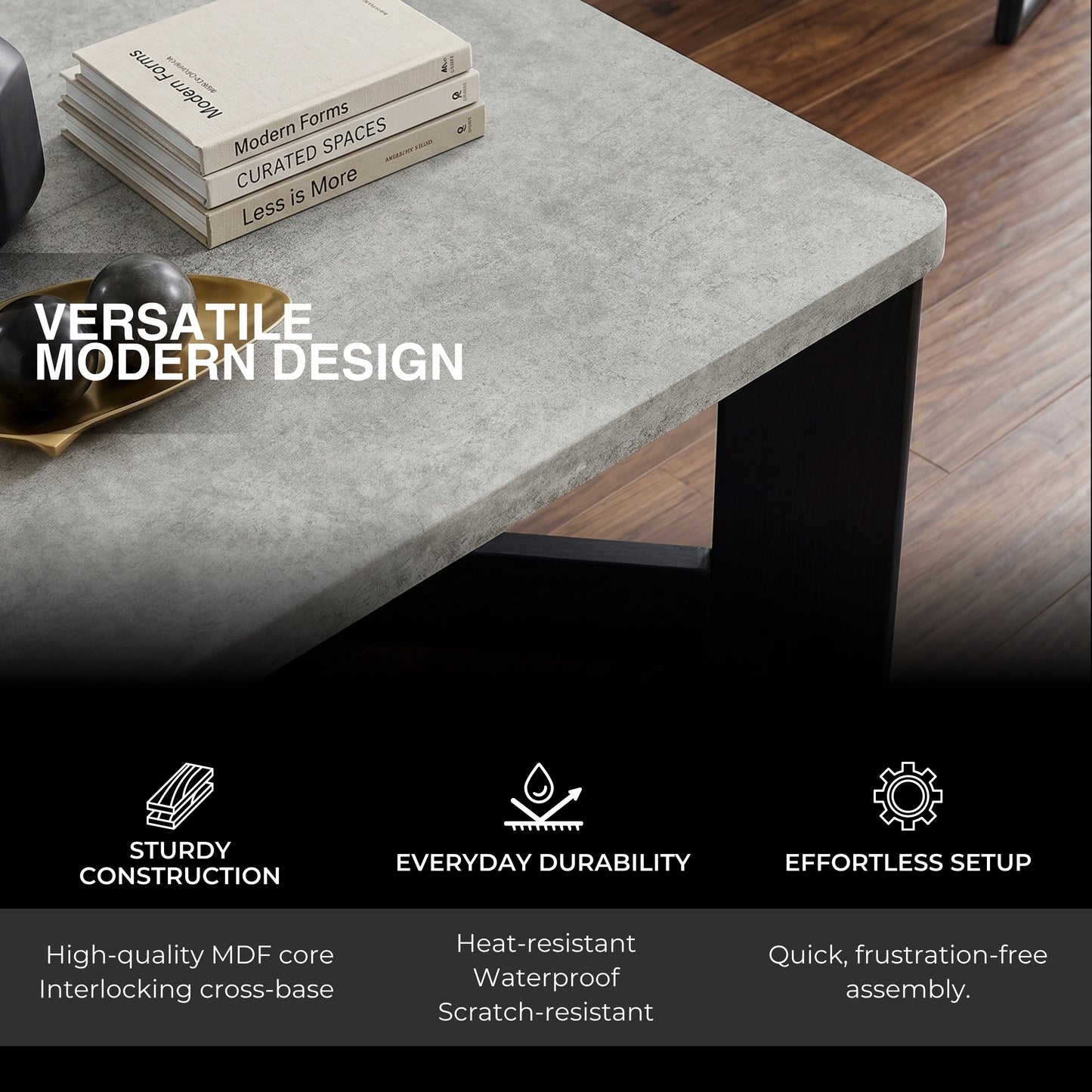 Roundhill Furniture Levitus Modern 3-Piece Square Coffee Table Set, Faux Concrete Tabletop with Black Wood Grain Finish