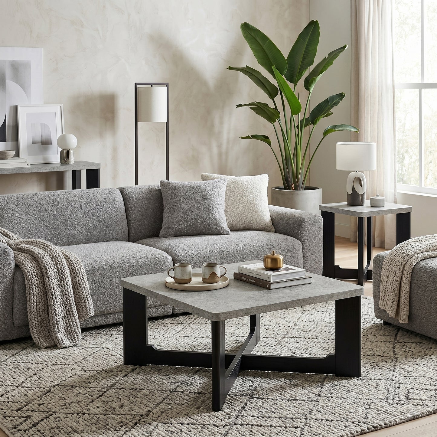 Roundhill Furniture Levitus Modern 3-Piece Square Coffee Table Set, Faux Concrete Tabletop with Black Wood Grain Finish