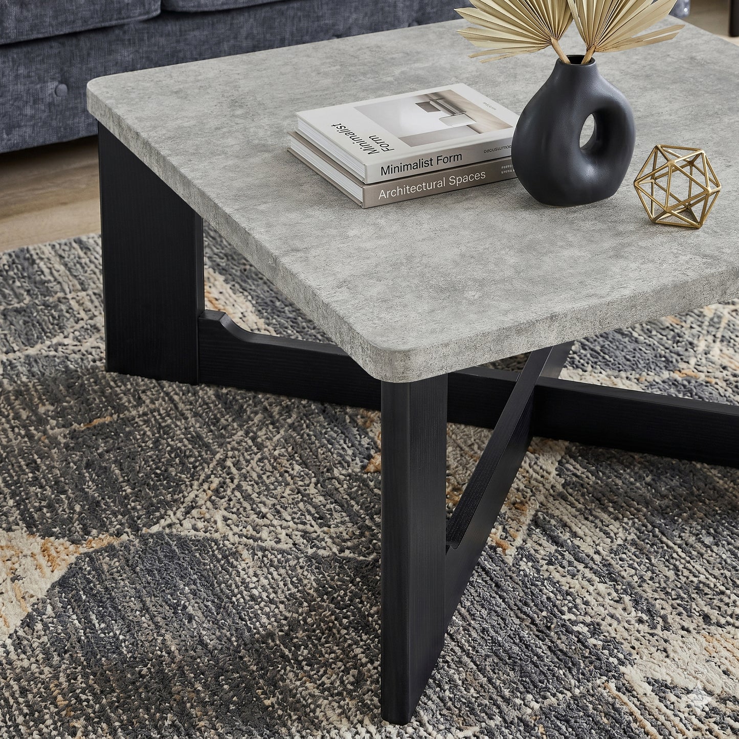 Roundhill Furniture Levitus Modern 3-Piece Square Coffee Table Set, Faux Concrete Tabletop with Black Wood Grain Finish