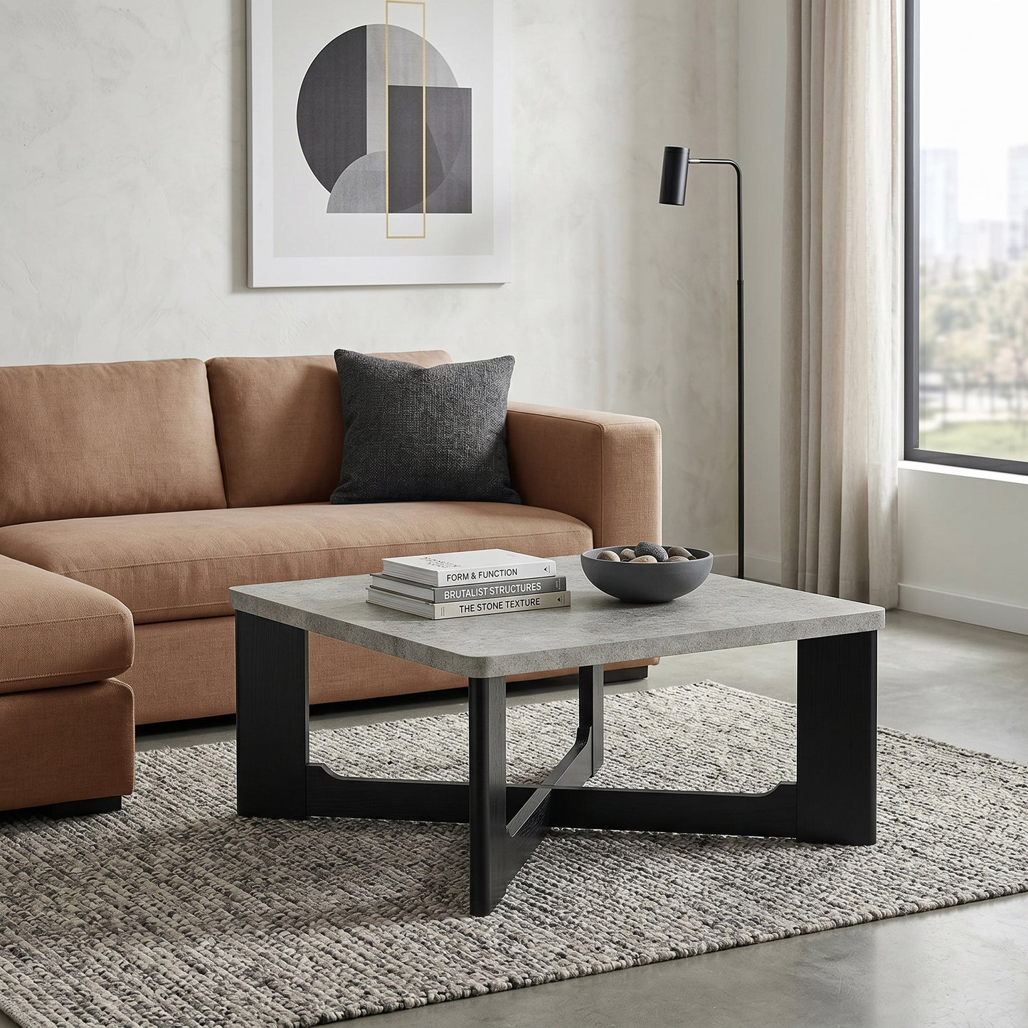 Roundhill Furniture Levitus Modern Square Coffee Table, Faux Concrete Tabletop with Black Wood Grain Finish
