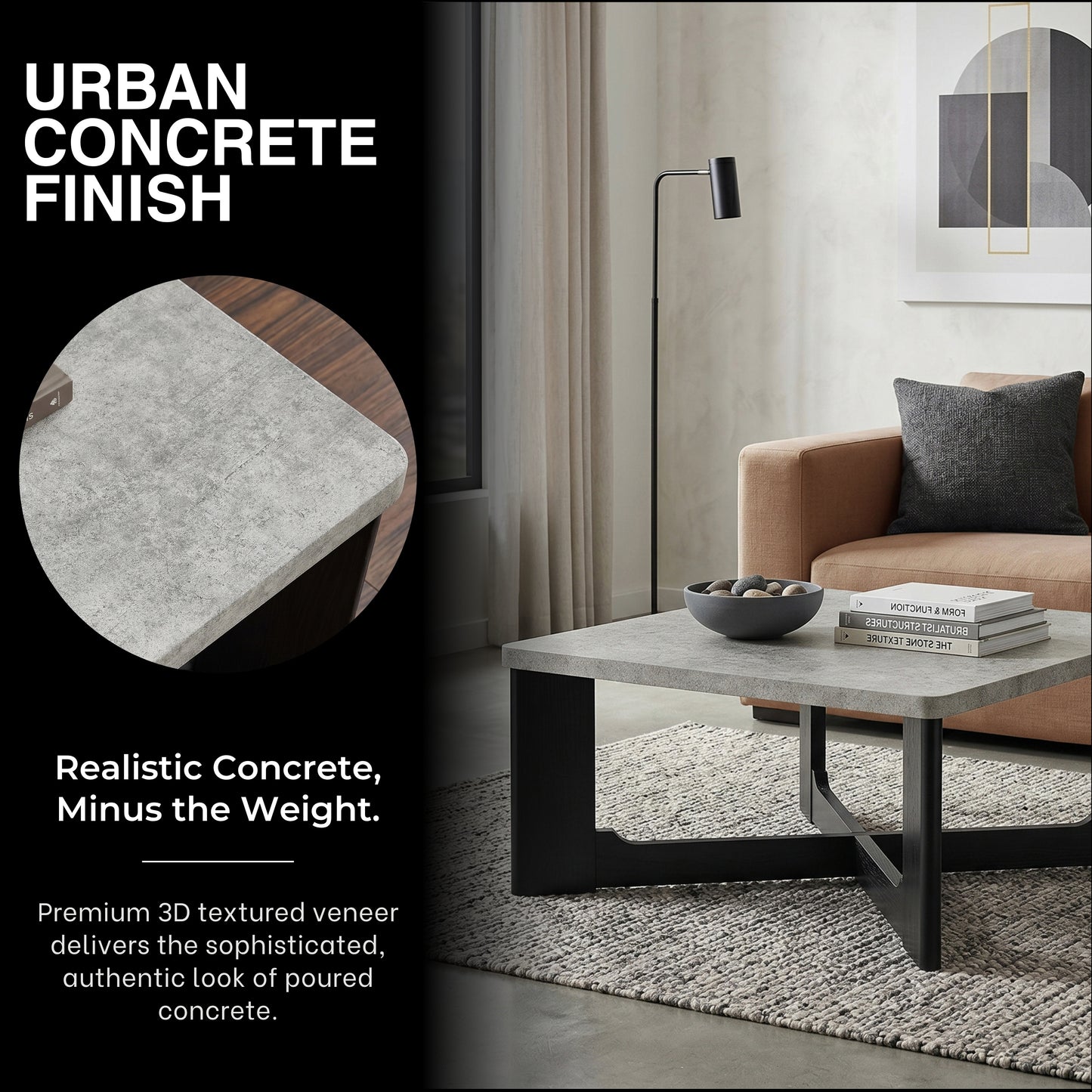 Roundhill Furniture Levitus Modern Square Coffee Table, Faux Concrete Tabletop with Black Wood Grain Finish