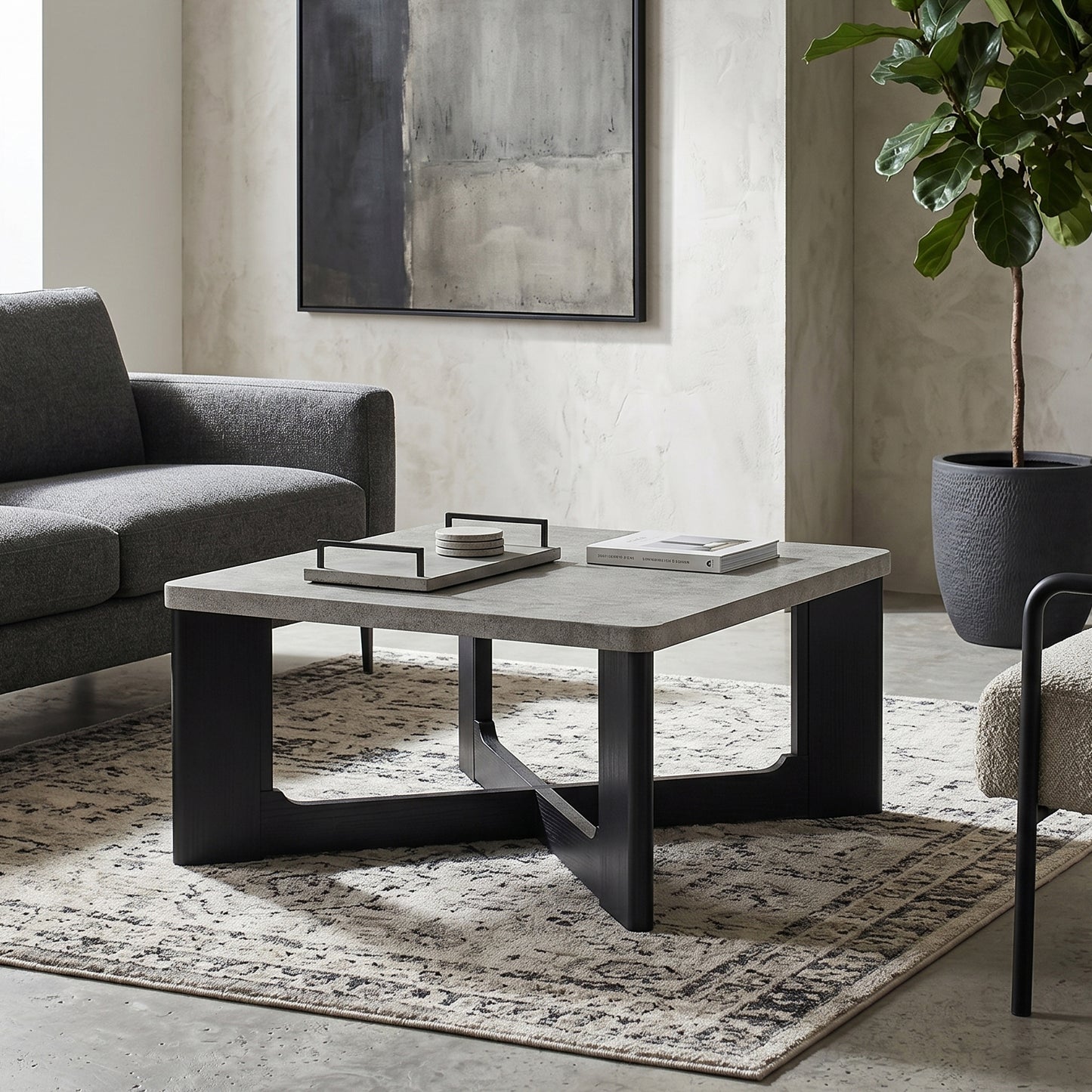 Roundhill Furniture Levitus Modern Square Coffee Table, Faux Concrete Tabletop with Black Wood Grain Finish