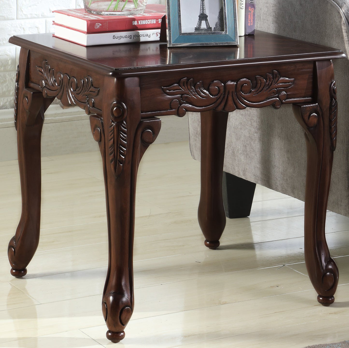 Roundhill Furniture Traditional Ornate Detailing Wood End Table, Dark Cherry Finish