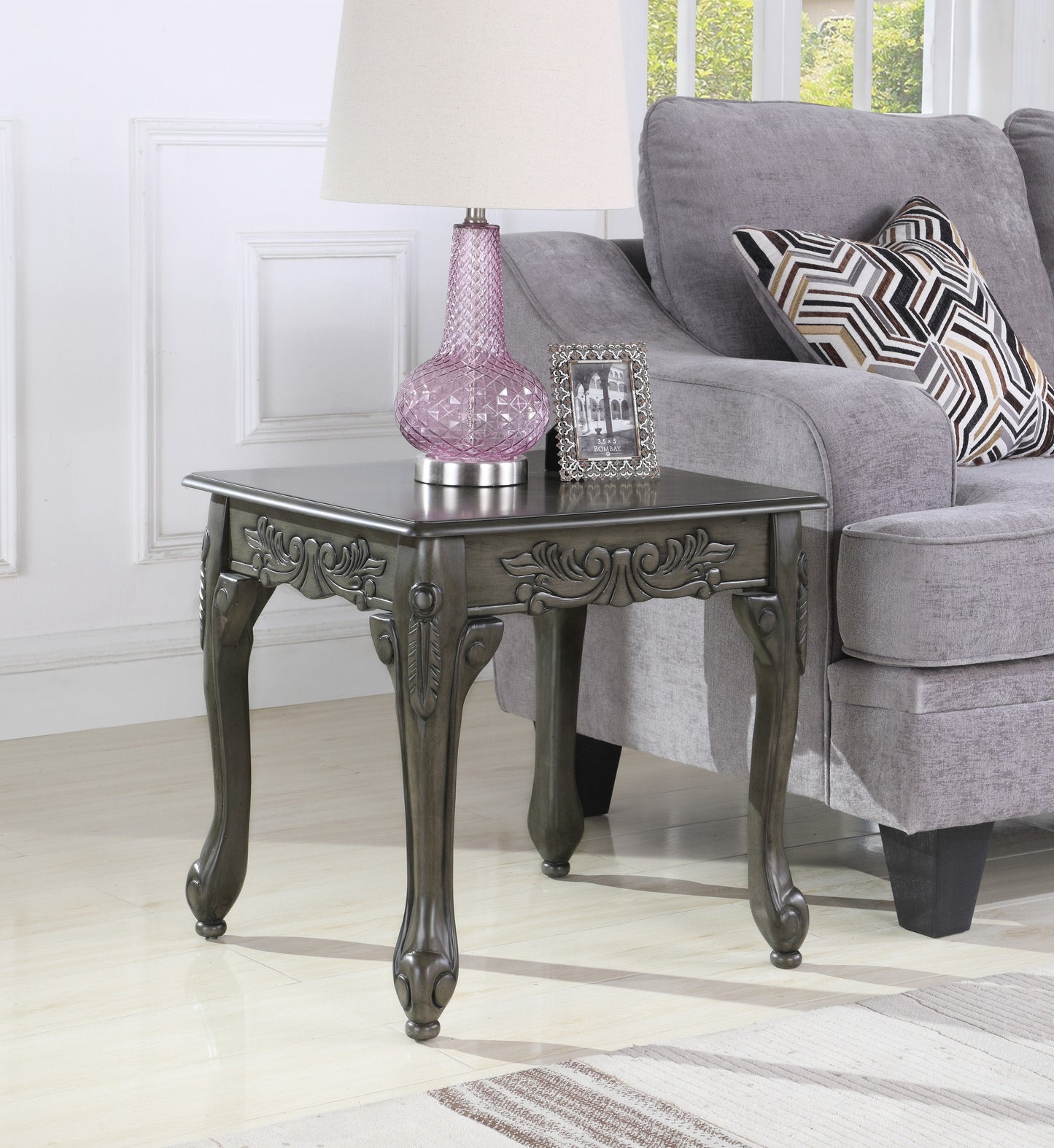 Traditional Ornate Detailing Grey Finish Wood End Table