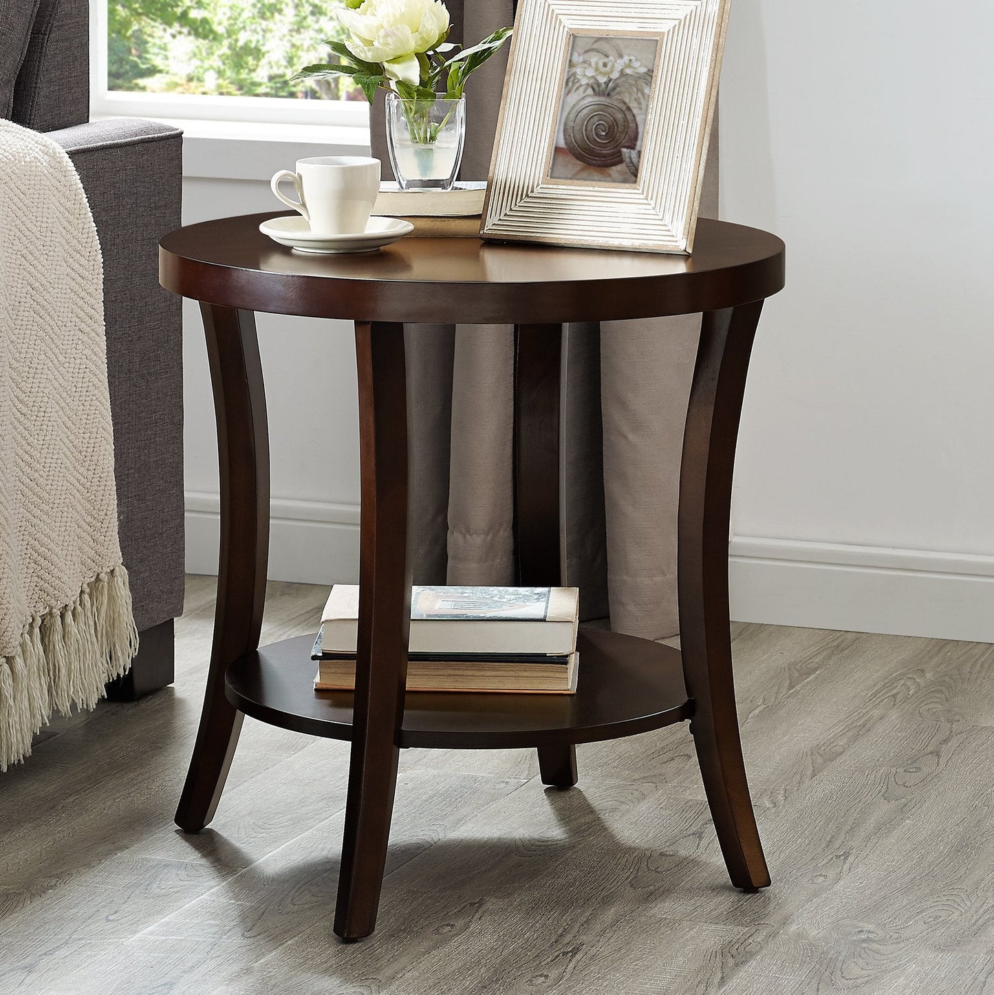 Perth Espresso Round End Table with Shelf