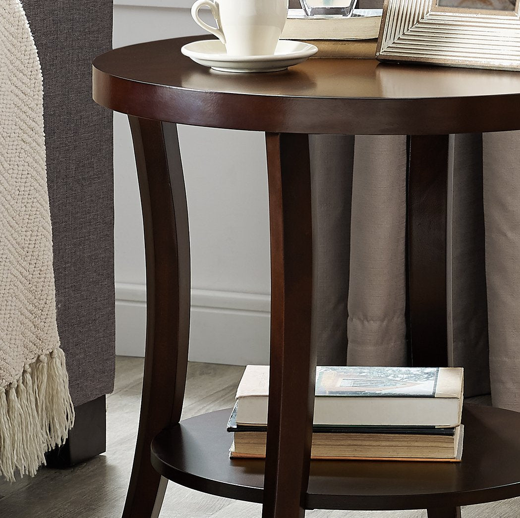 Perth Espresso Round End Table with Shelf