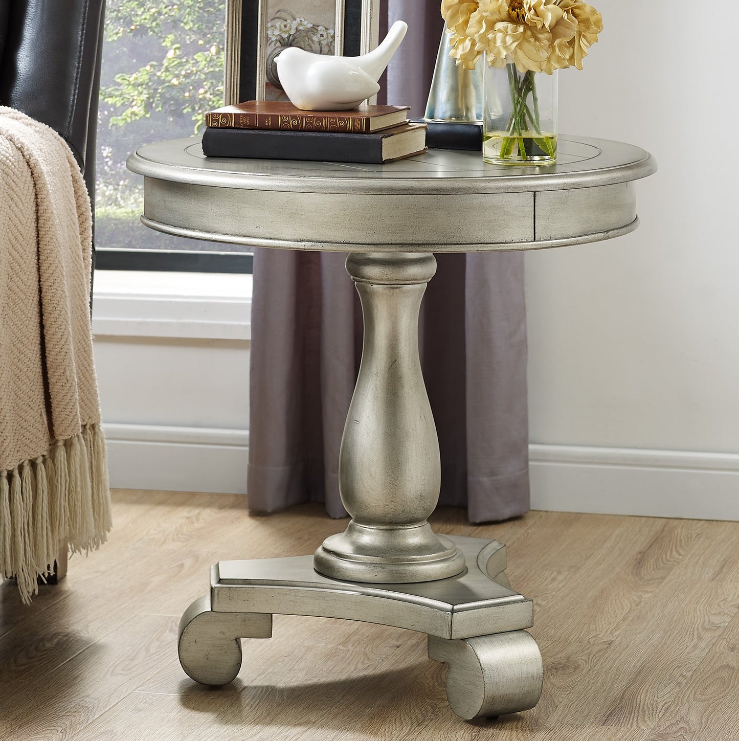 Roundhill Furniture Rene Round Wood Pedestal Side Table, Champagne