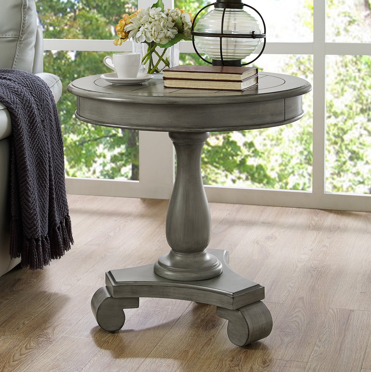 Roundhill Furniture Rene Round Wood Pedestal Side Table, Gray