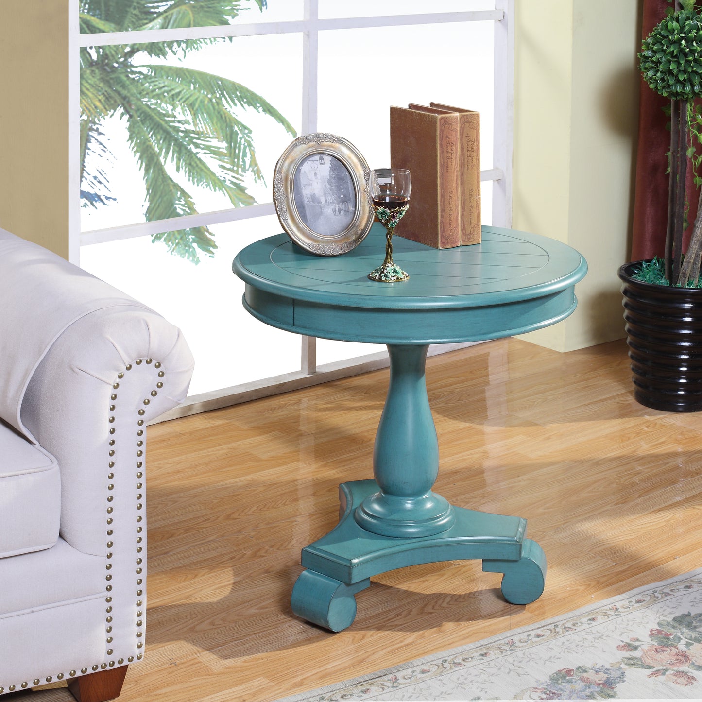 Roundhill Furniture Rene Round Wood Pedestal Side Table, Teal