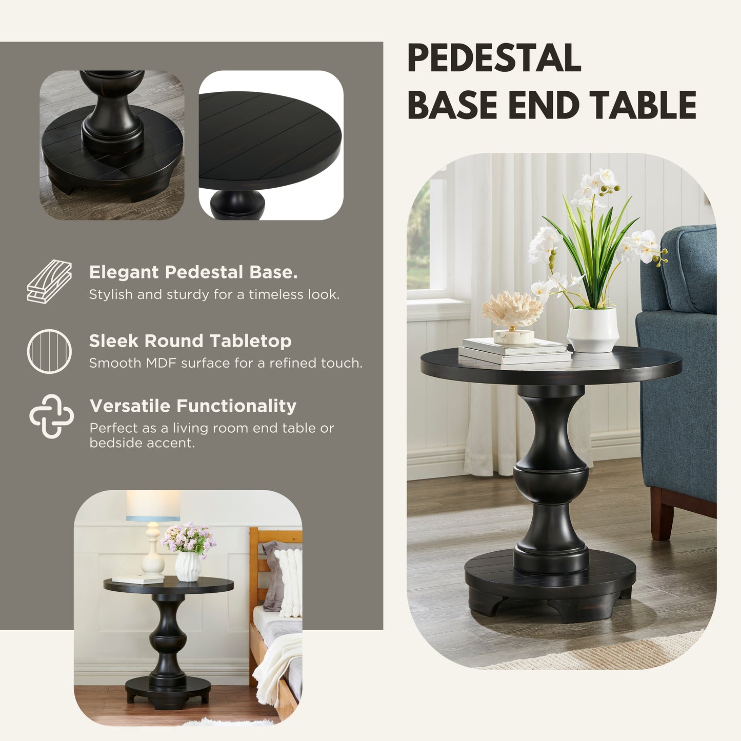 Roundhill Furniture Caesar Traditional Round Pedestal End Table