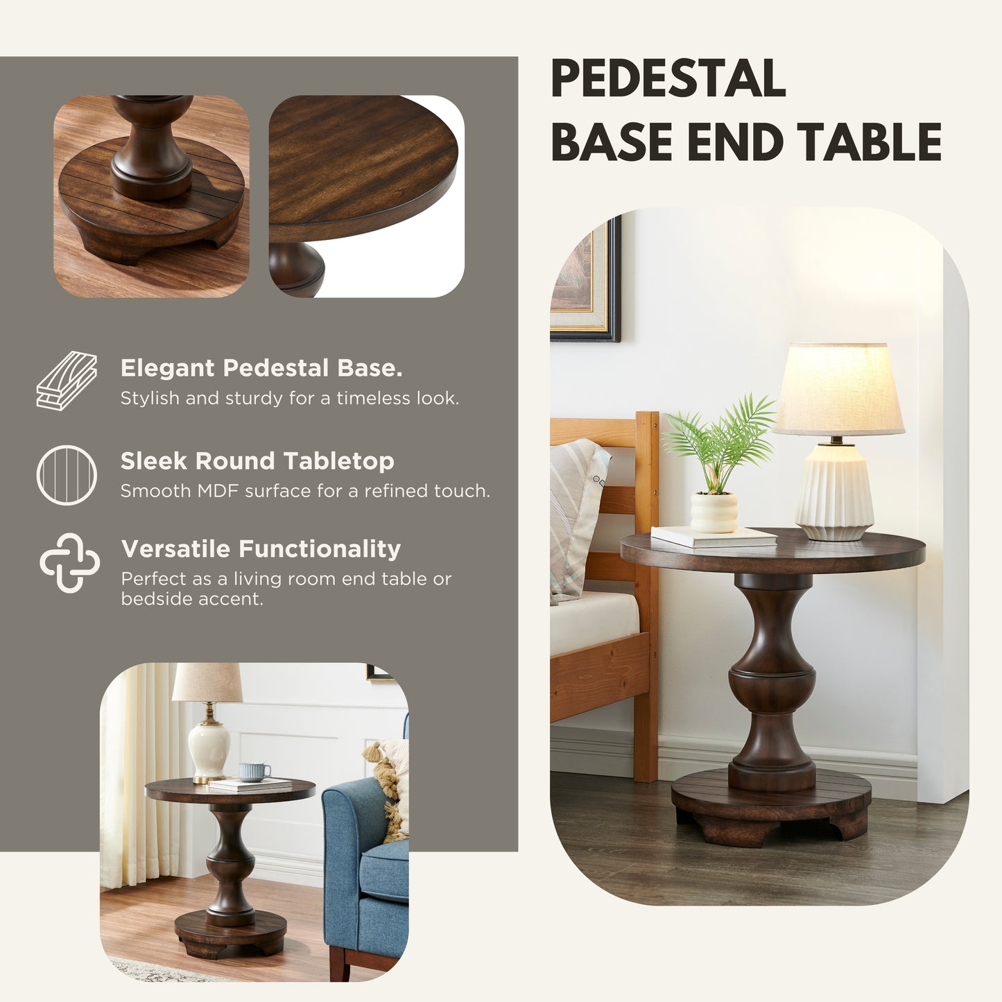 Roundhill Furniture Caesar Traditional Round Pedestal End Table