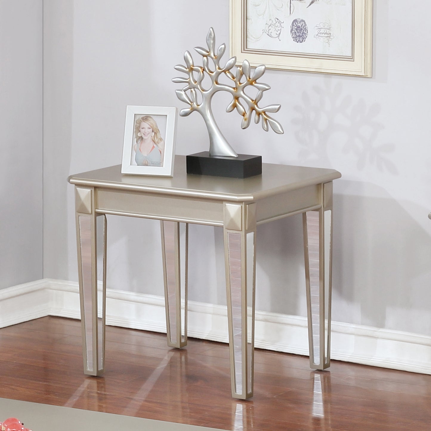 Roundhill Furniture Barent Contemporary Wood End Table with Mirrored Legs, Champagne