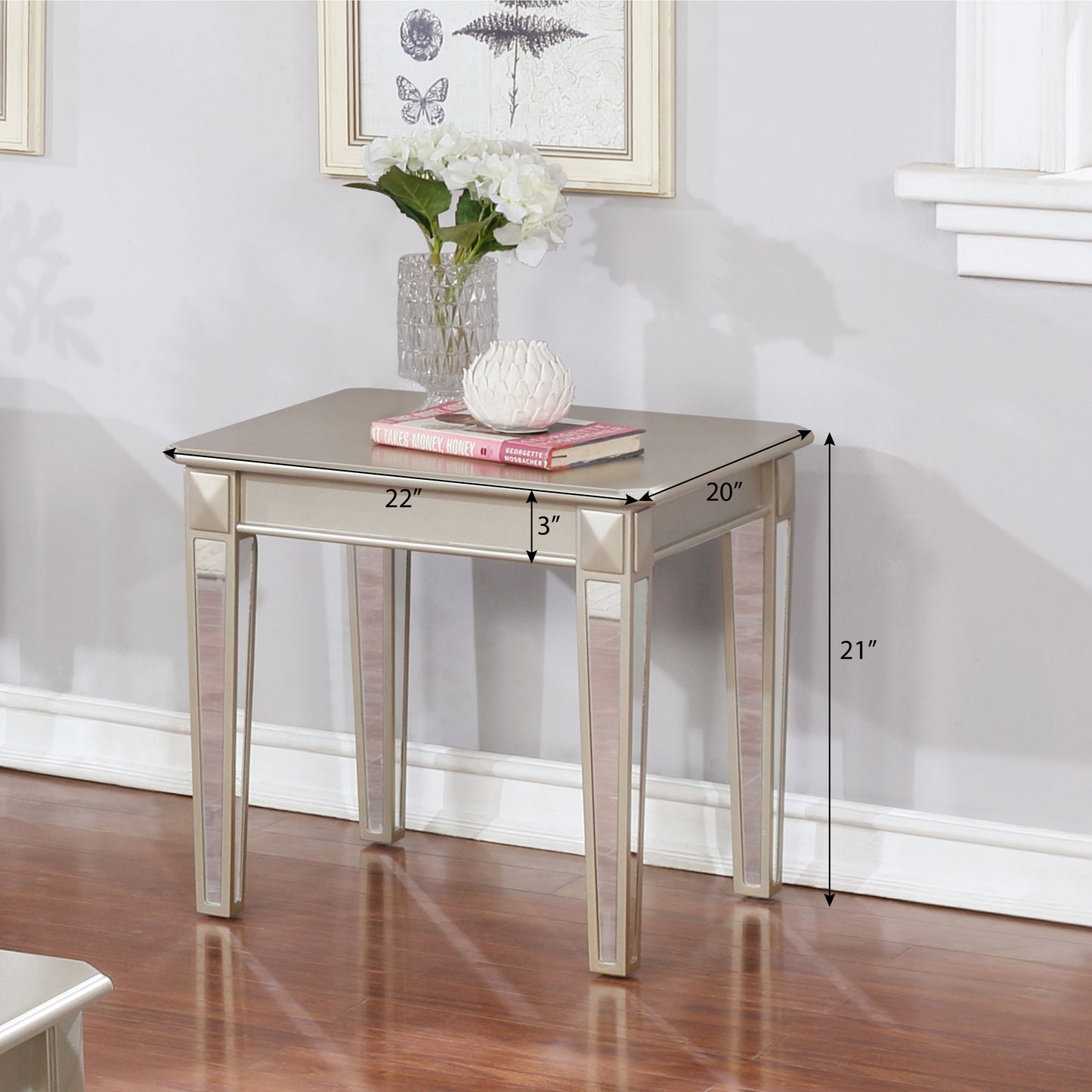 Roundhill Furniture Barent Contemporary Wood End Table with Mirrored Legs, Champagne