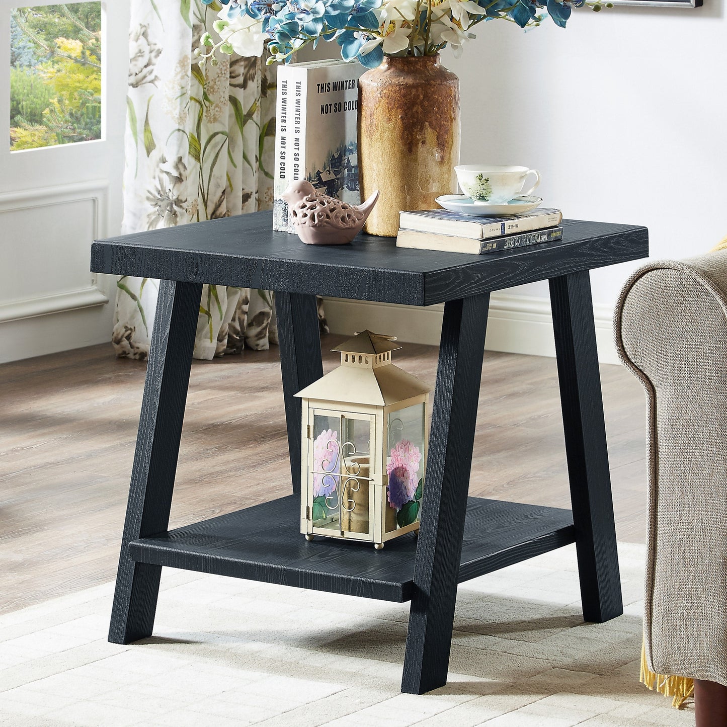 Roundhill Furniture Athens Contemporary Replicated Wood Shelf End Table in Black Finish