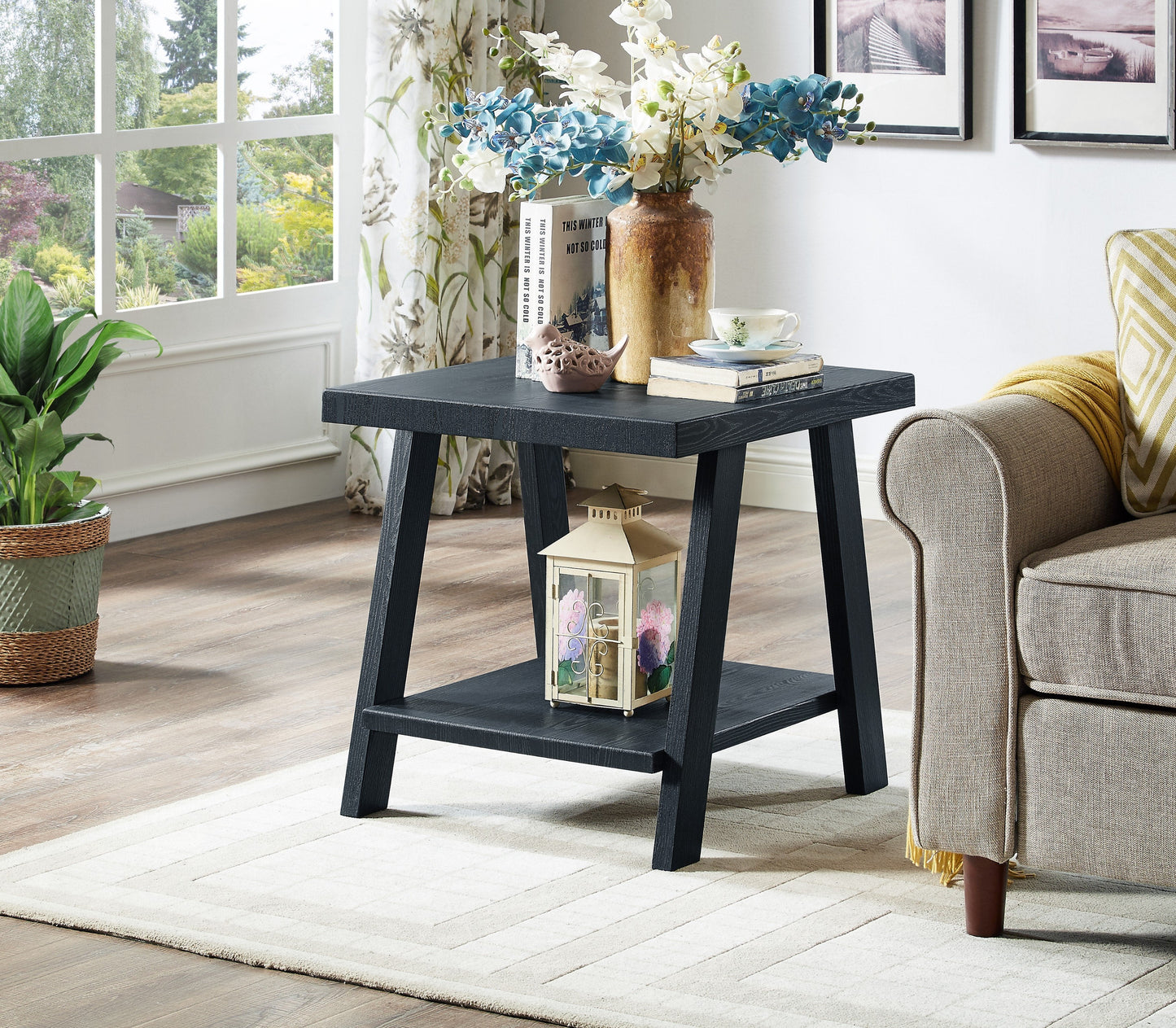 Roundhill Furniture Athens Contemporary Replicated Wood Shelf End Table in Black Finish