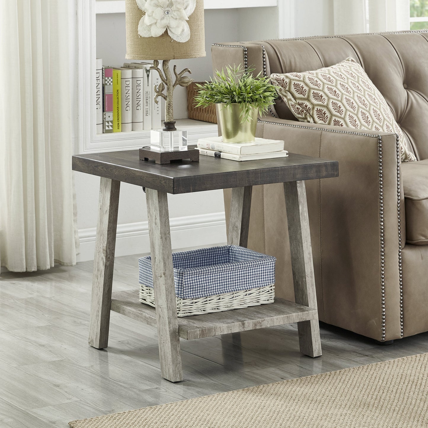 Roundhill Furniture Athens Contemporary Two-Tone Wood Shelf End Table in Weathered Walnut and Gray