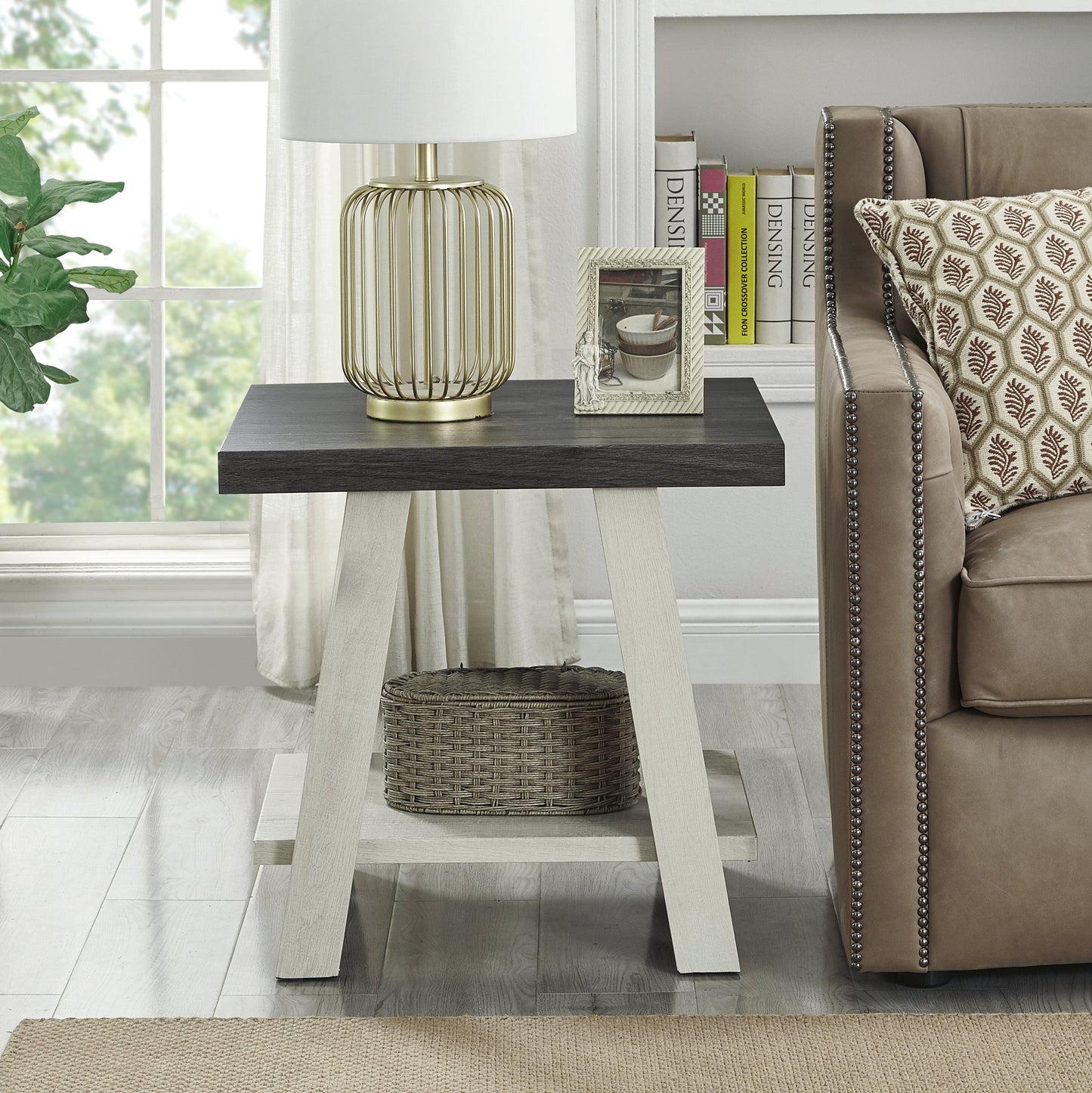 Roundhill Furniture Athens Contemporary Two-Tone Wood Shelf End Table in Weathered Charcoal and Beige