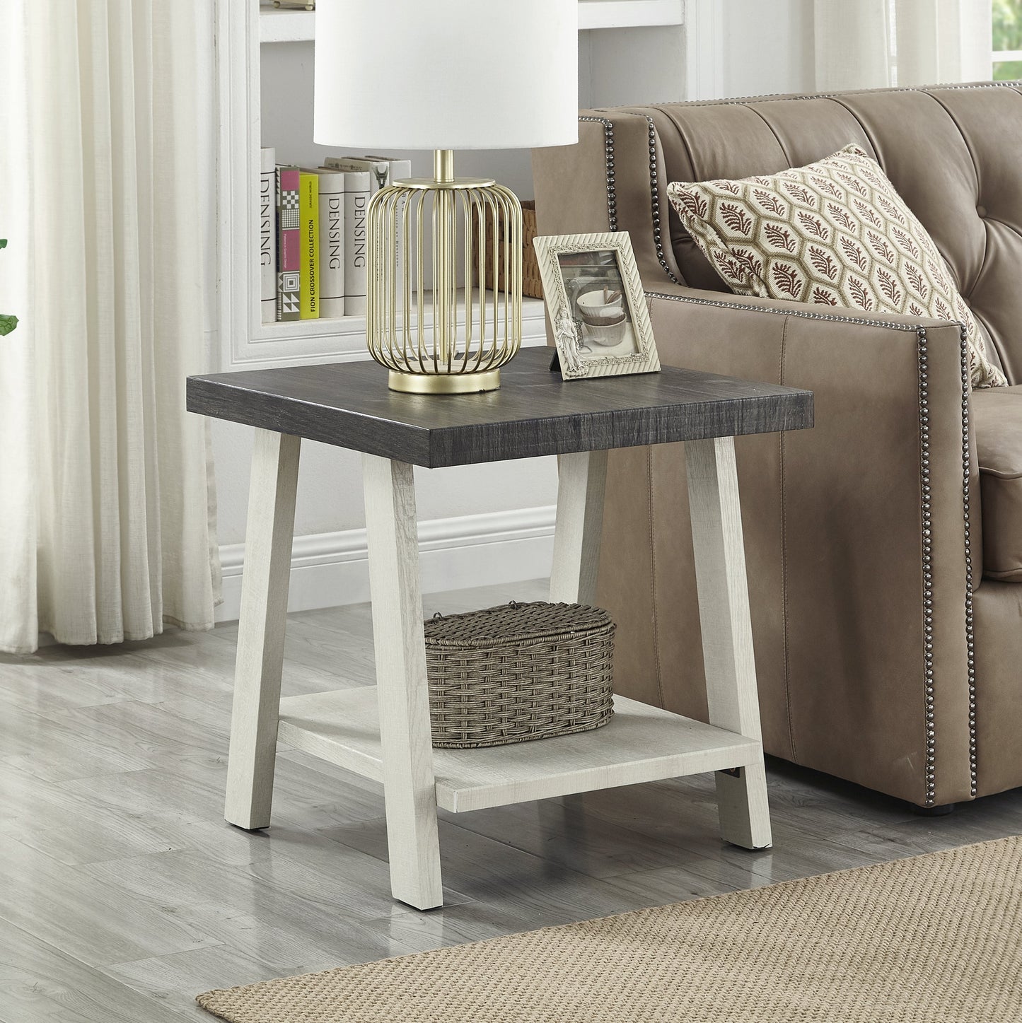 Roundhill Furniture Athens Contemporary Two-Tone Wood Shelf End Table in Weathered Charcoal and Beige