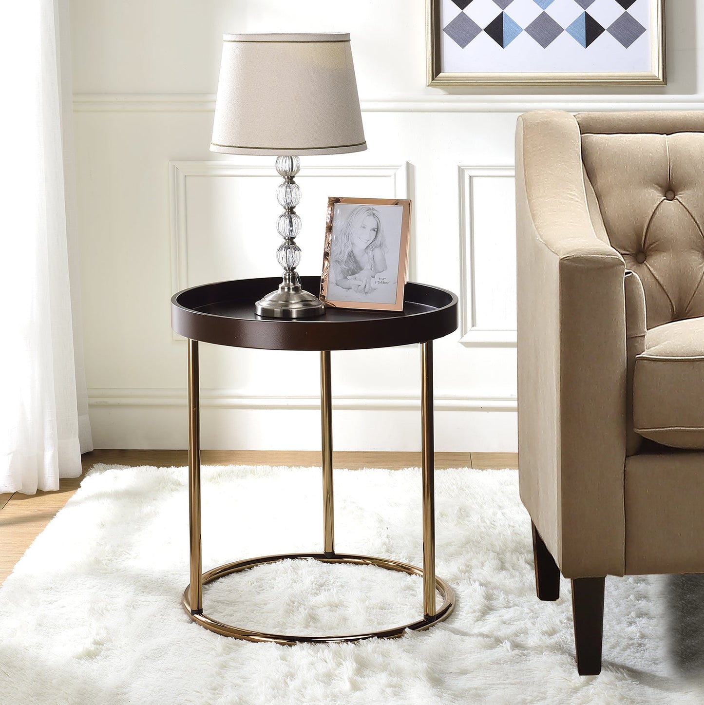 Roundhill Furniture Genoa Round Tray Table with Metal Frame, Espresso