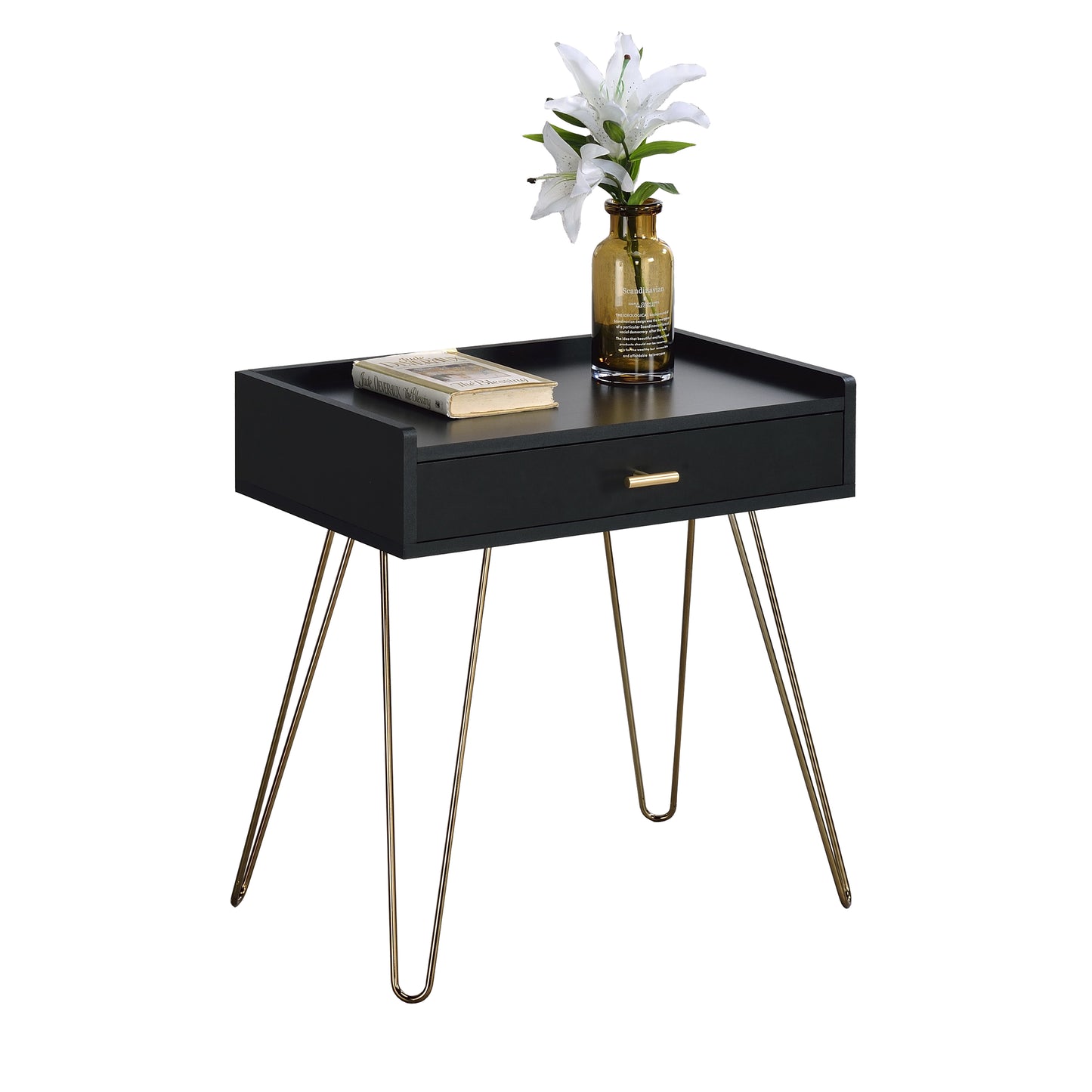 Roundhill Furniture Hailey Wood Storage End Table, Black and Gold